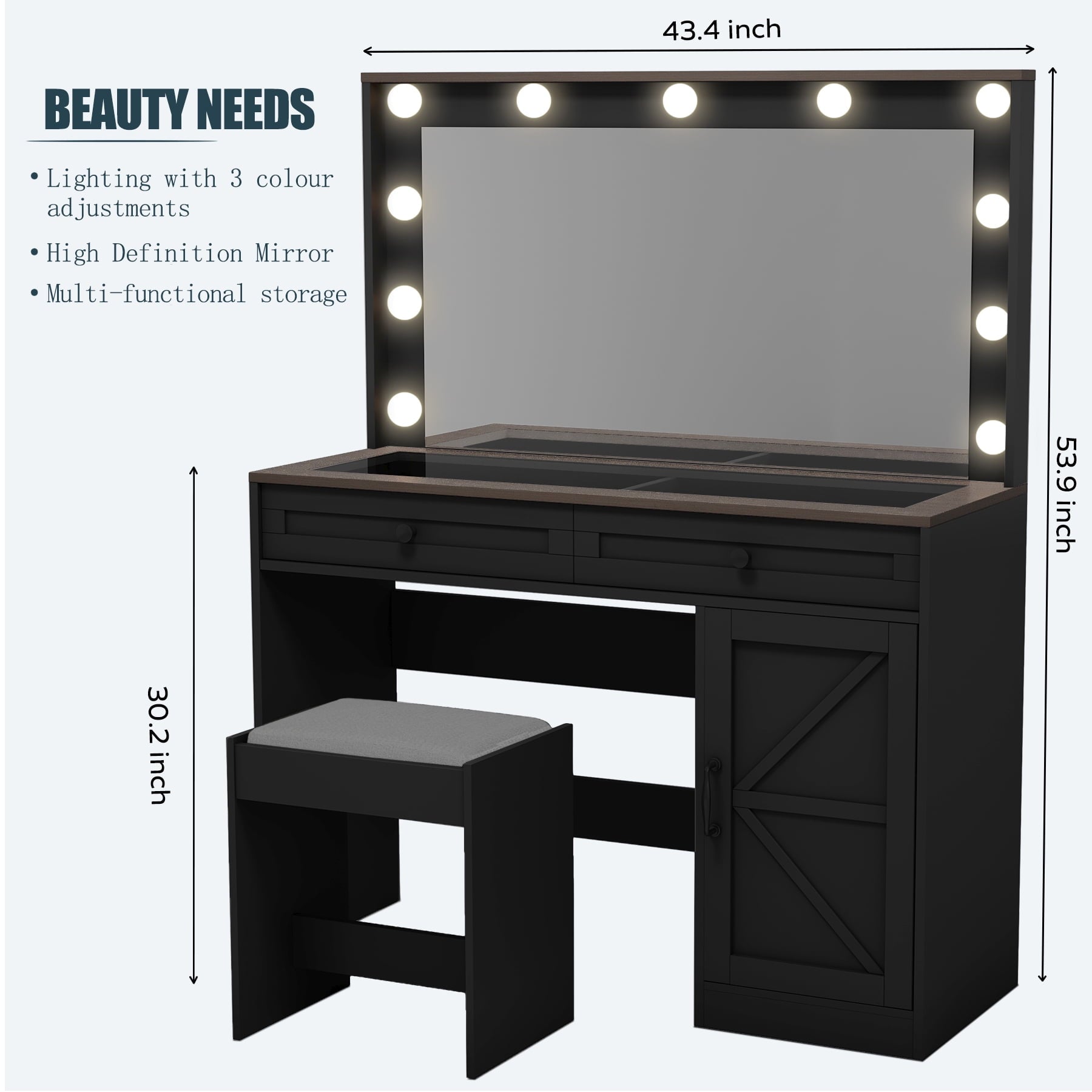 Furnibear Vanity Desk Set with Mirror and Light, Makeup Table with 2 Drawers and Cabinet, 3 Color Modes Brightness Adjustable