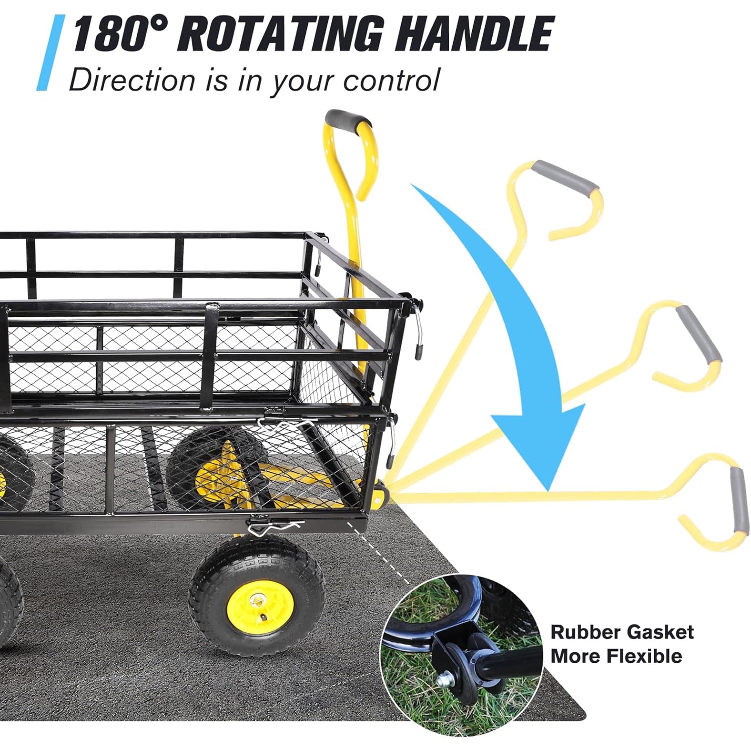 Furnibear Heavy Duty Steel Garden Cart 1500lbs Capacity, 6.35 cu ft, 40.55" x 27.56" Folding Utility Wagon with Double-Layer Removable Side, BlackandYellow