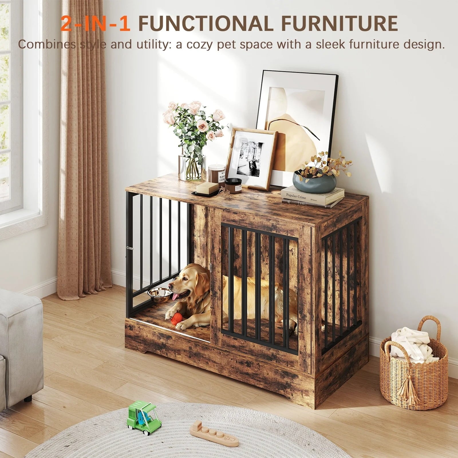 Furnibear 47" Solid Wood Dog Crate Furniture with Double Doors - Heavy Duty Rustic Brown Indoor Kennel w/Removable Dog Bowls, Multi-Functional End Table for Small/Medium/Large Dogs