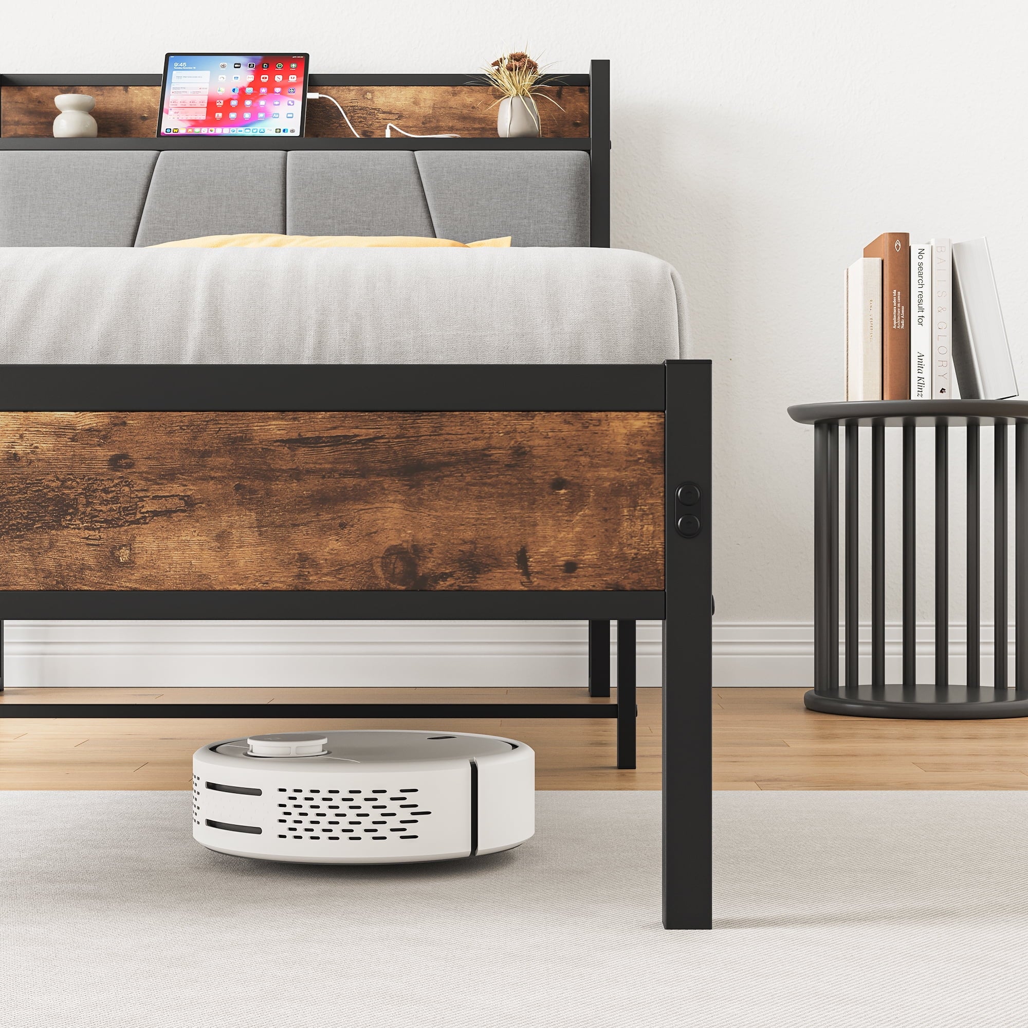 Furnibear TWIN SIZE Bed Frame with Storage Headboard and USB Charging Station, Sturdy Shake-Free Platform, No Box Spring Needed, Easy Tool-Free Assembly