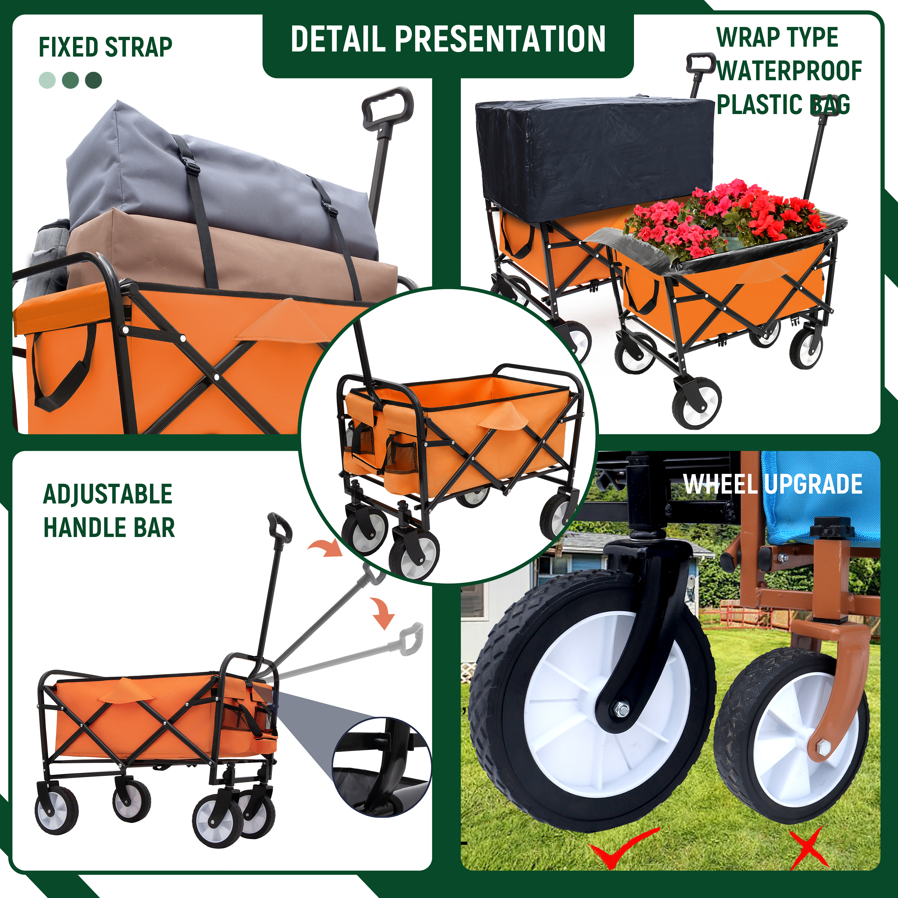 Furnibear Heavy-Duty Folding Wagon Cart with All-Terrain Wheels,Includes 3 Liner Bagsfor Camping, Beach, Grocery,Orange