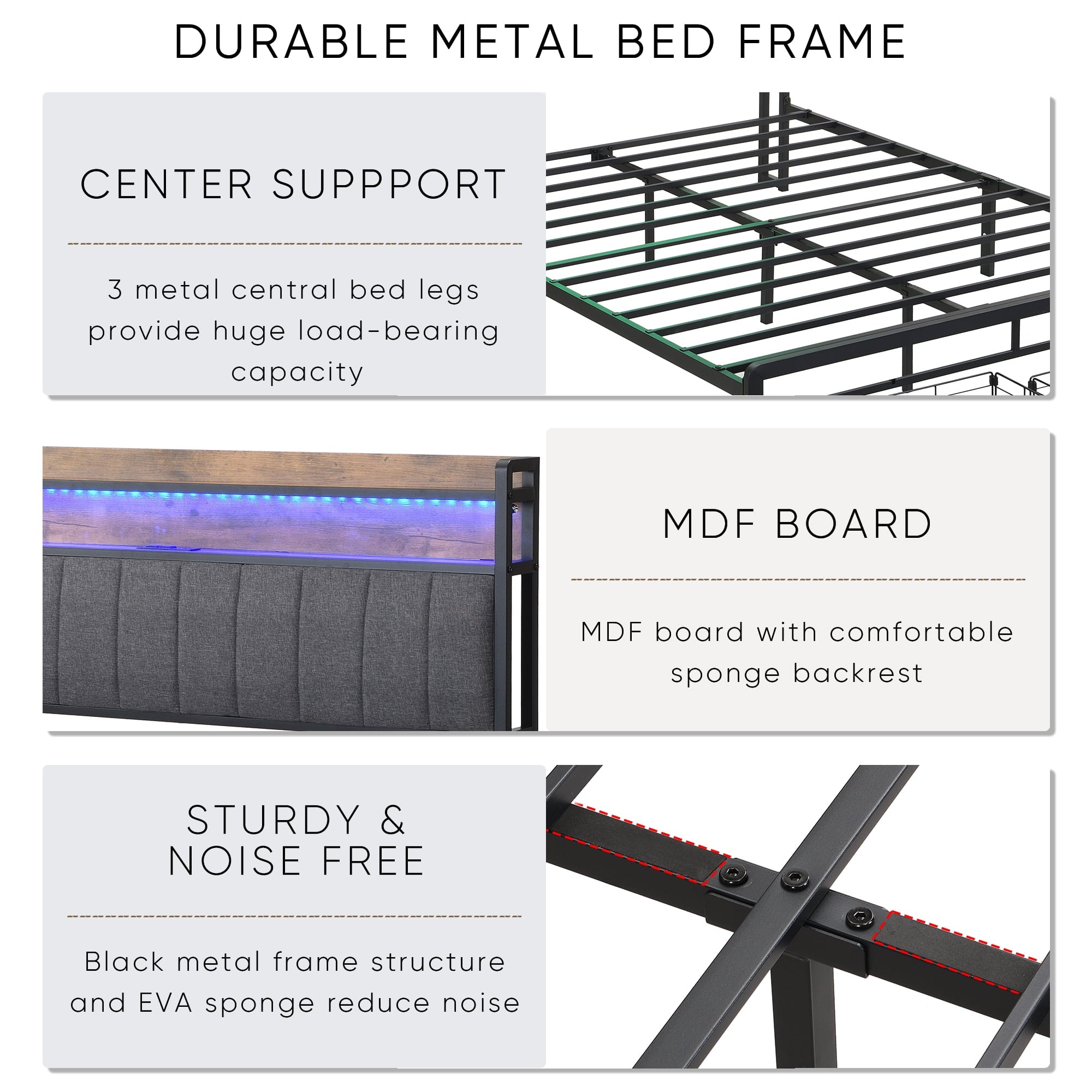 Furnibear Full Bed Frame with Upholstered Storage Headboard and Drawers, LED Platform Bed with Charging Station, No Box Spring Needed