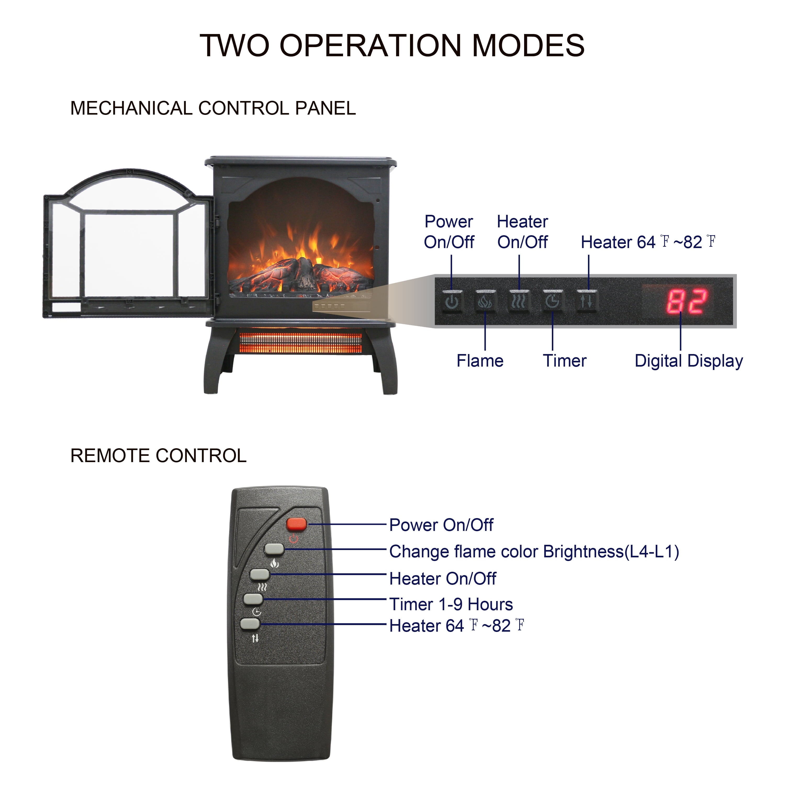 Furnibear 18 inch Electric Fireplace 3D Flame Electric Infrared Quartz Fireplace Stove with Remote Control,Black
