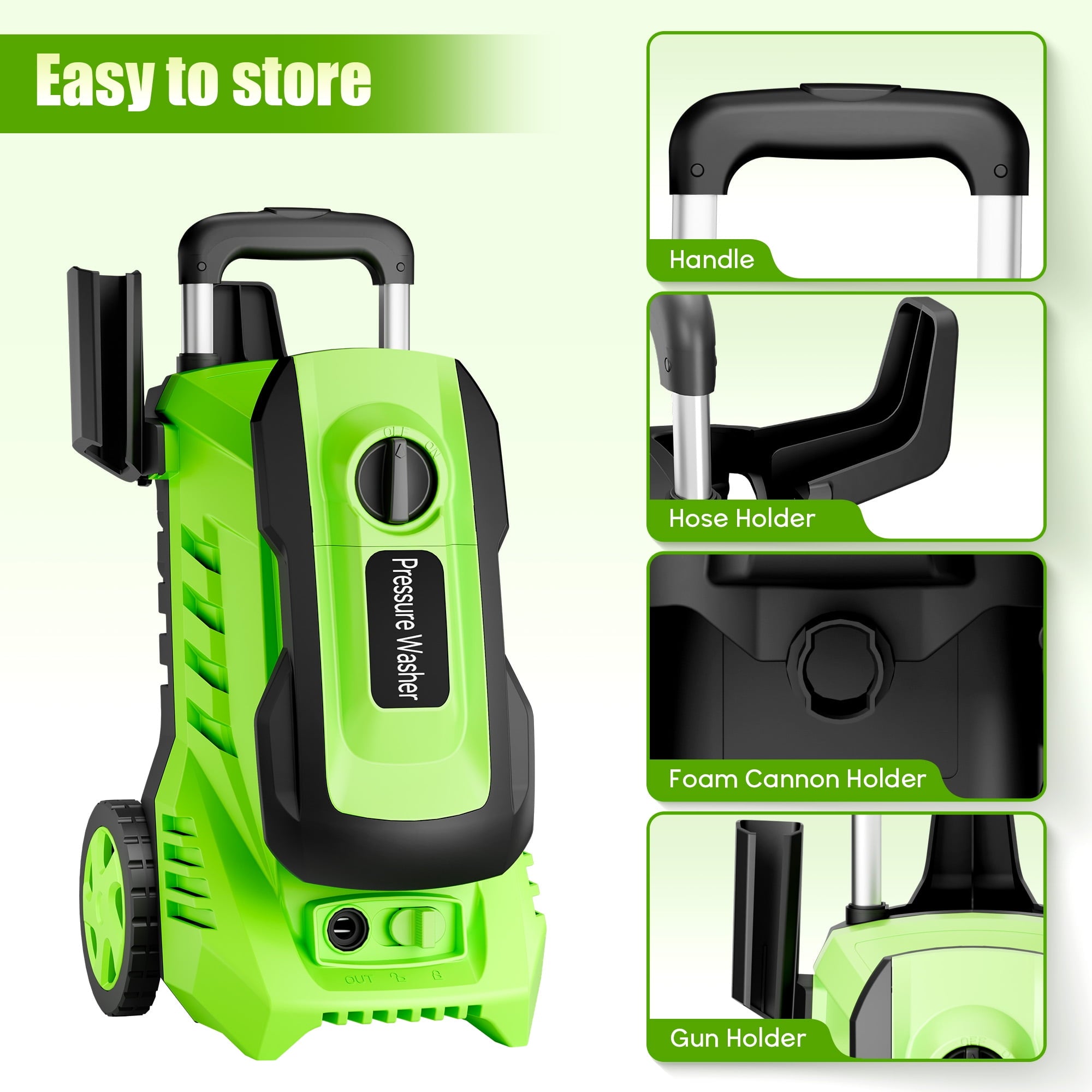 Electric Pressure Washer, 3800PSI 2.6 GPM Power Washer with 5 Quick Connect Nozzles, High Pressure Cleaning Machine with Foam Cannon for Cars, Fences, Patios, Driveway,Green