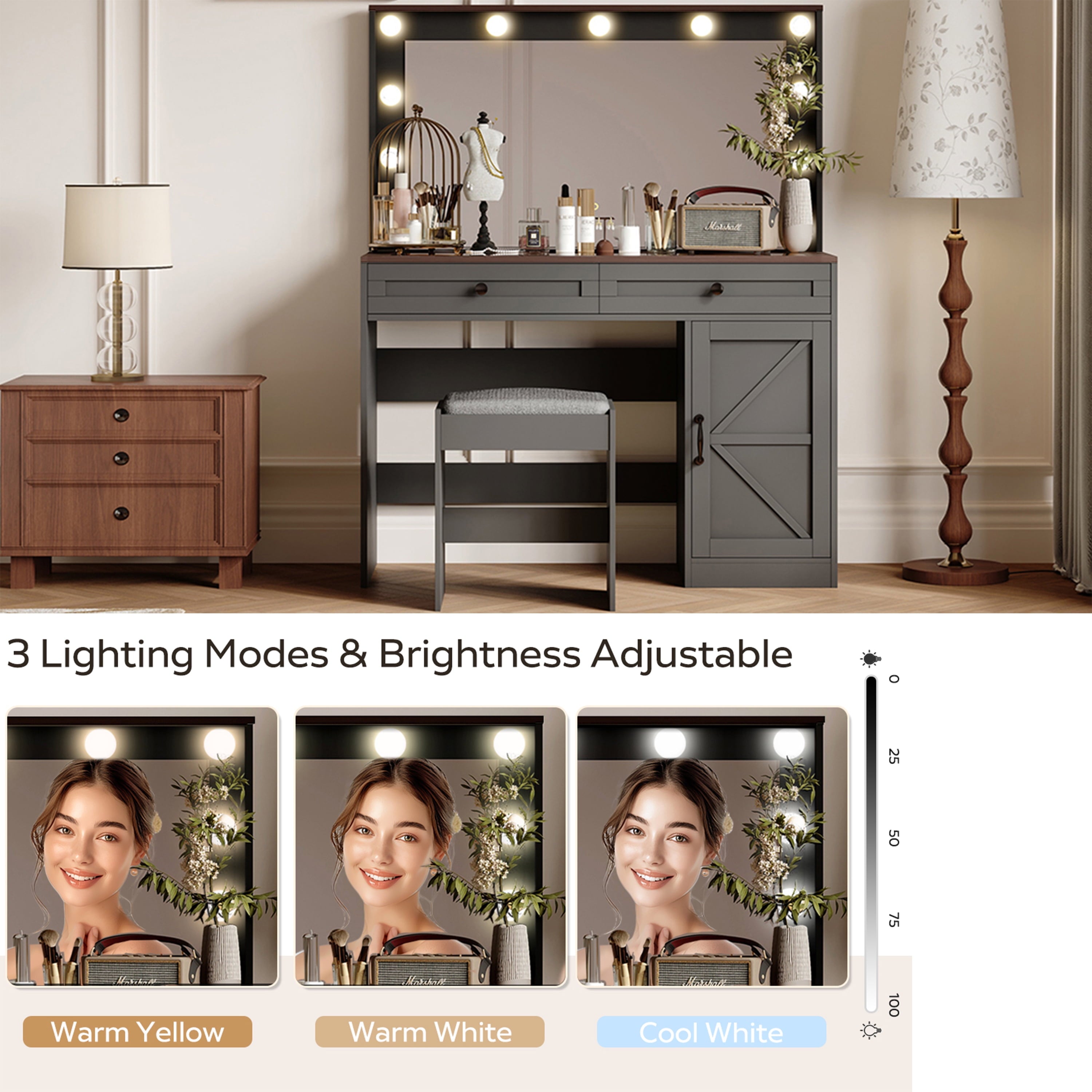 Furnibear Vanity Desk Set with Mirror and Light, Makeup Table with 2 Drawers and Cabinet, 3 Color Modes Brightness Adjustable