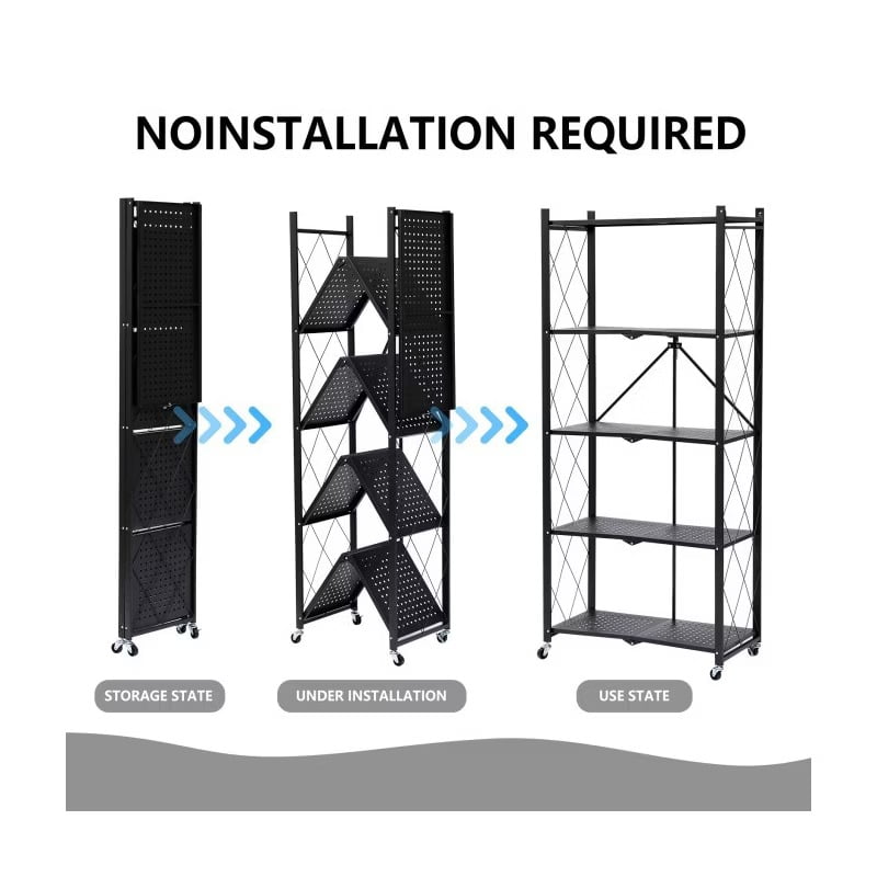 Furnibear 5-Tier Heavy-Duty Foldable Storage Shelf with Lockable Wheels (750 lbs Capacity) - No Assembly Metal Organizer Rack for Home/Garage/Office, Instant Setup Anti-Wobble, Black