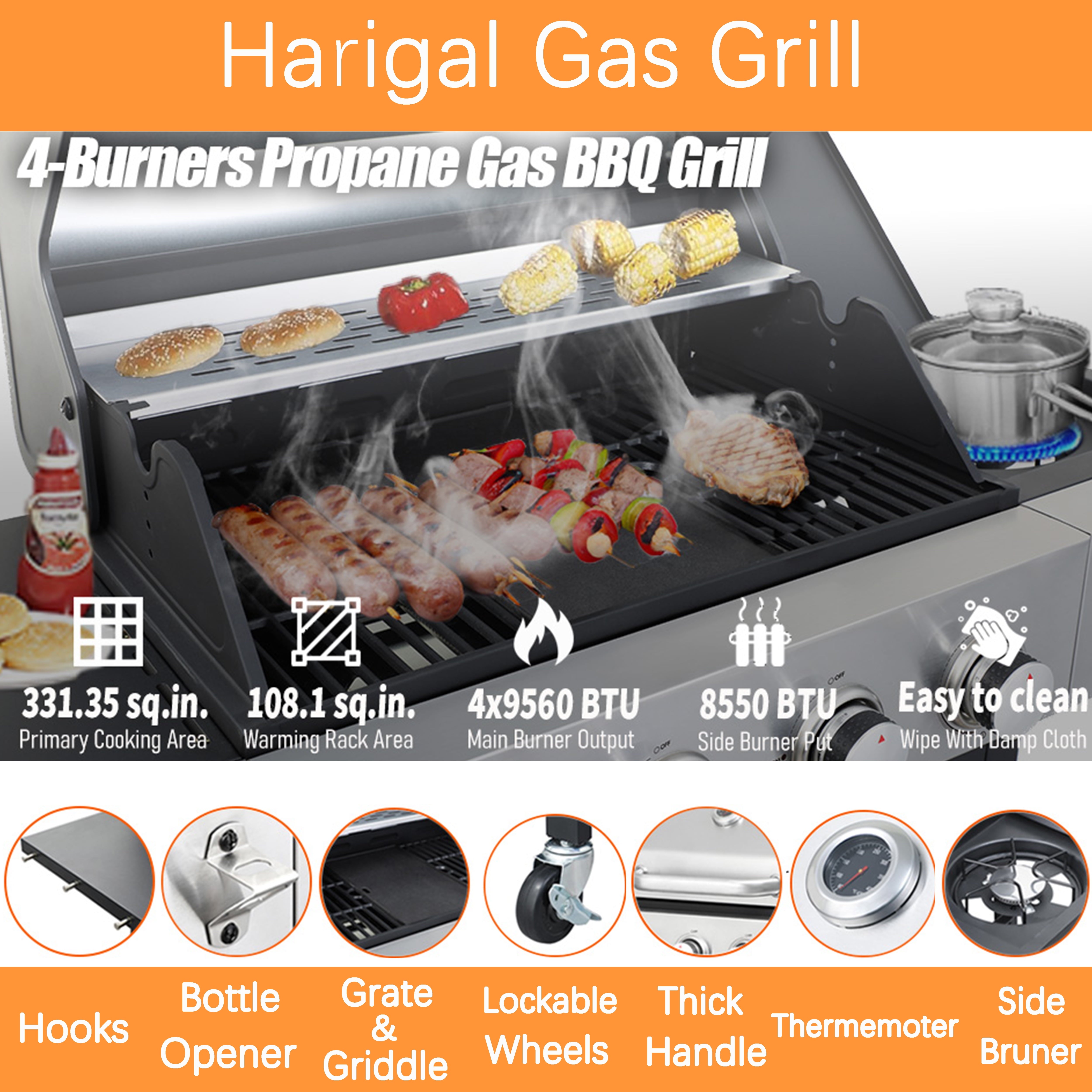Furnibear 4-Burner Gas Grill Side Burner, Propane Stainless Steel BBQ Grill with Porcelain-Enameled Cast Iron Grates, 46790 BTU Barbecue Grill for Outdoor Cooking