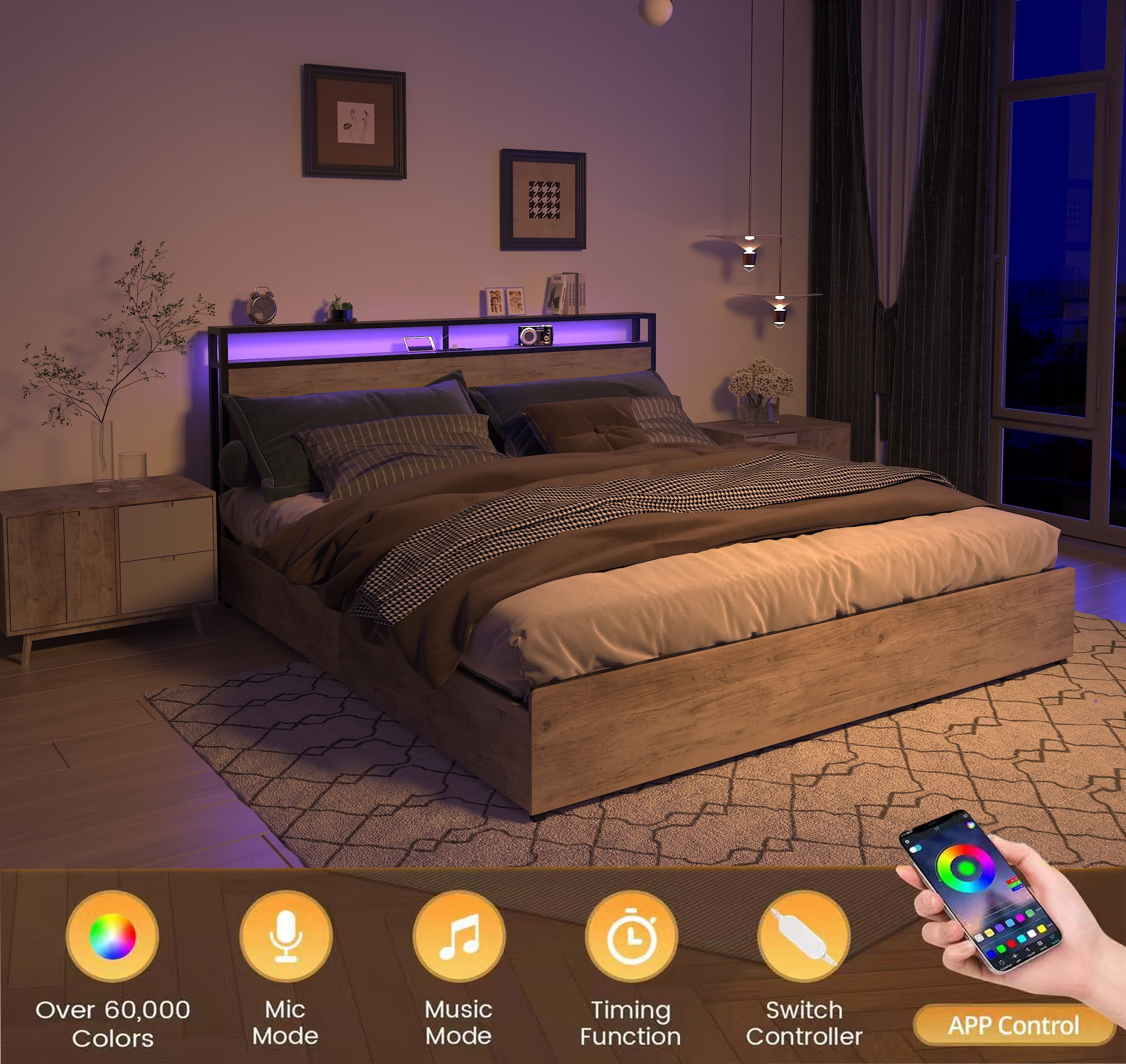 Furnibear King Bed Frame with USB Charging Station and Storage Headboard, Heavy-Duty Shake-Free Platform, No Box Spring Needed, Easy Tool-Free Assembly, Gray