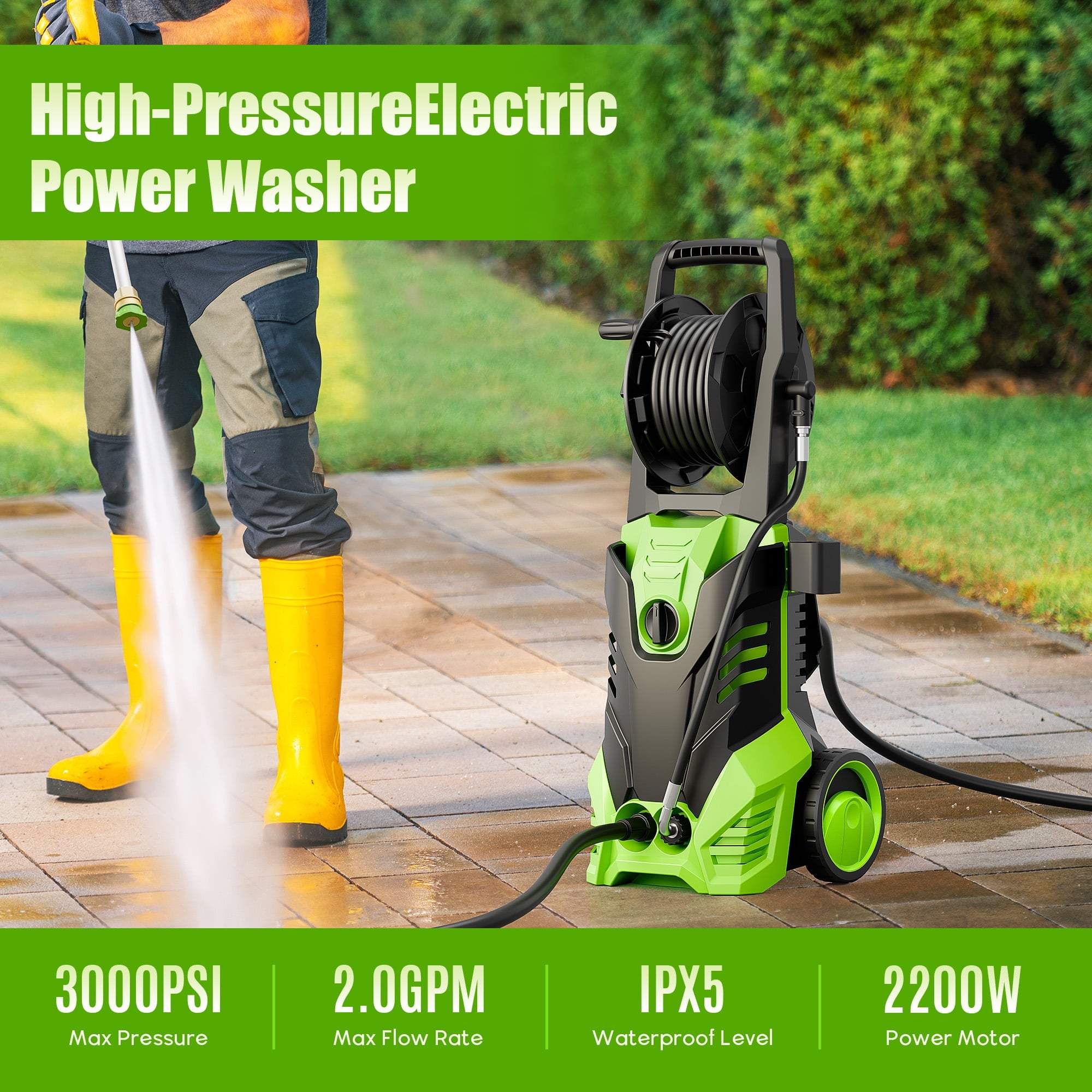 Furnibear 3800 PSI Electric Pressure Washer - Lightweight with Wheels, Easy to Assemble, 2.0GPM, Includes 5 Nozzles for Cars, Fences, Driveways, Green
