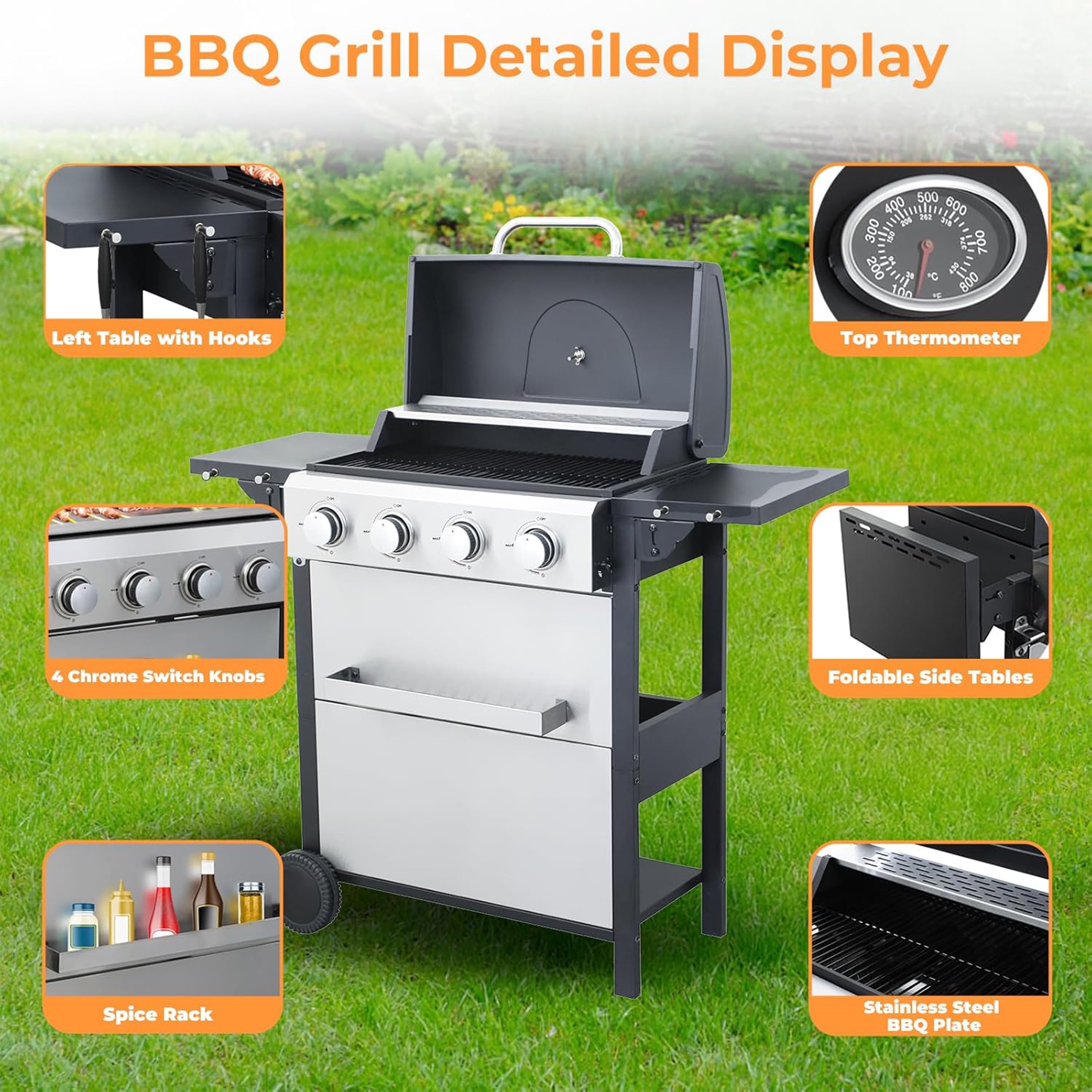 Furnibear 4 Burner BBQ Propane Gas Grill, Stainless Steel 34,200 BTU Patio Garden Barbecue Grill with 2 Foldable Shelves, Spice Rack