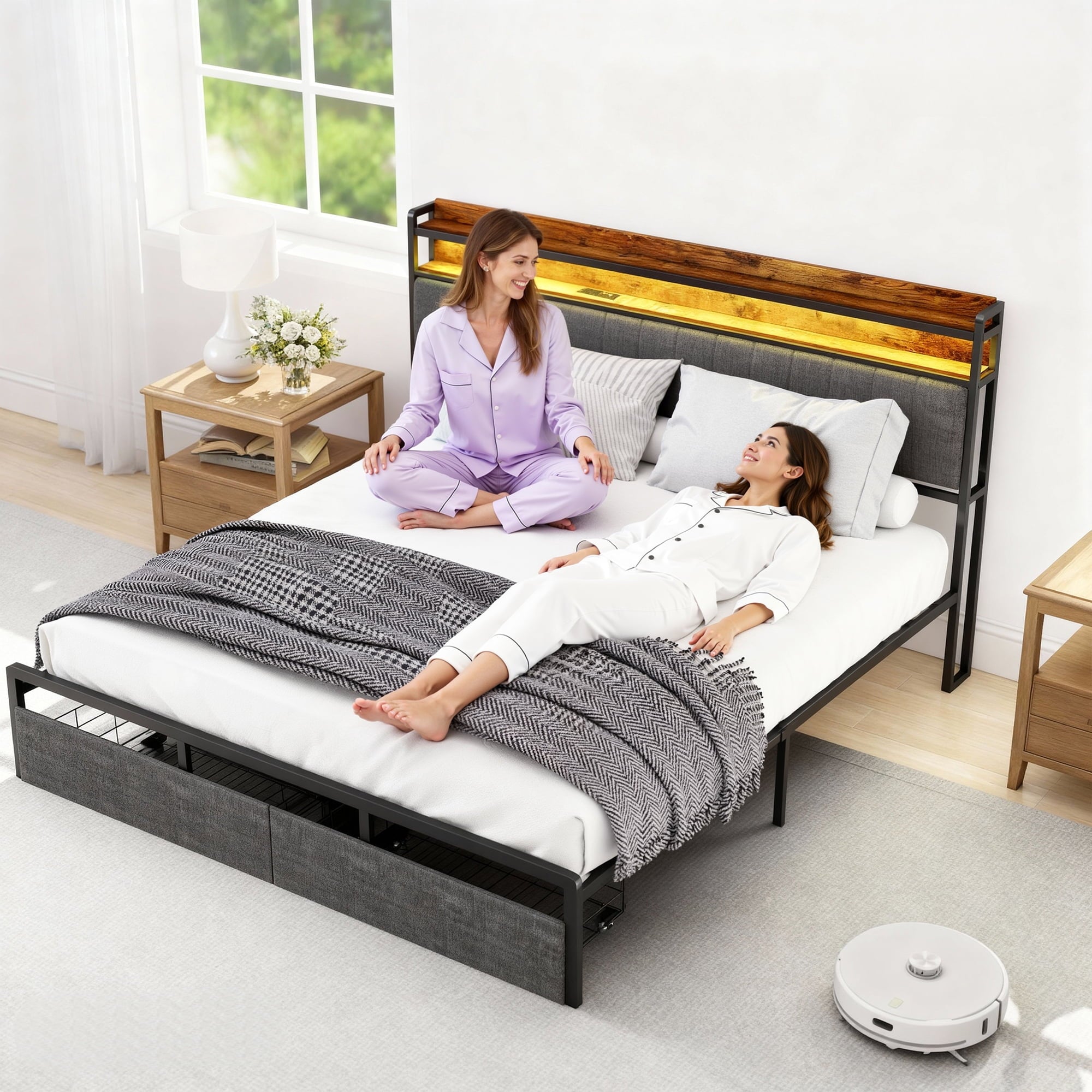 Furnibear LED Queen Bed Frame with Upholstered Storage Headboard and D