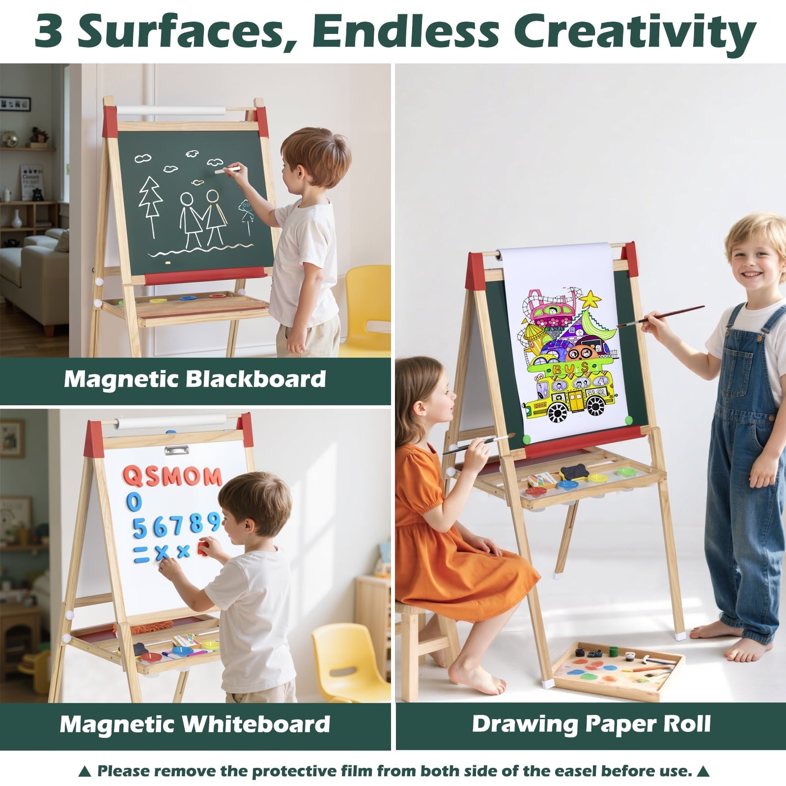 Furnibear Wooden Height-Adjustable Kids Art Easel (Fits Ages 3-12) - Double-Sided Magnetic Board (Dry Erase Whiteboard + Chalkboard), Smooth Burr-Free, Easy to Clean, Wood color