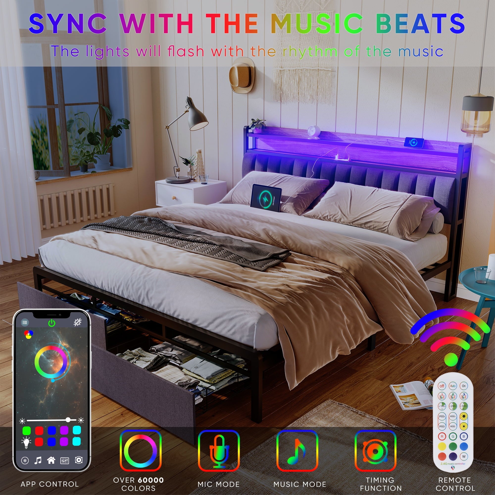 Furnibear King Bed Frame with Upholstered Storage Headboard and Drawers, LED Platform Bed with Charging Station, No Box Spring Needed