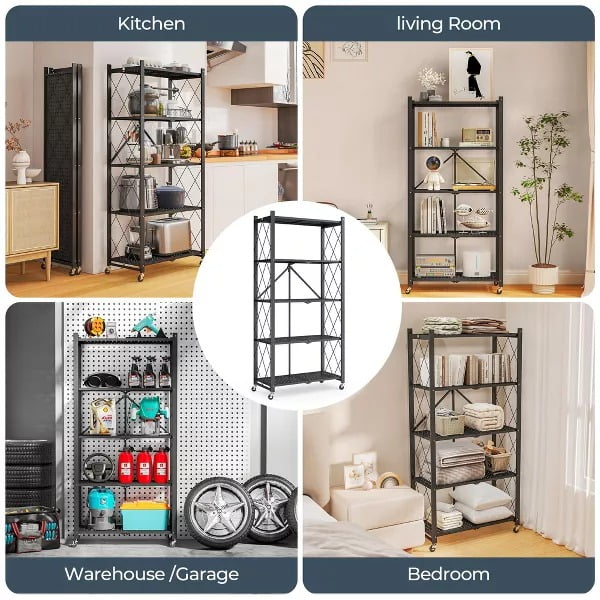 Furnibear 5-Tier Heavy-Duty Foldable Storage Shelf with Lockable Wheels (750 lbs Capacity) - No Assembly Metal Organizer Rack for Home/Garage/Office, Instant Setup Anti-Wobble, Black