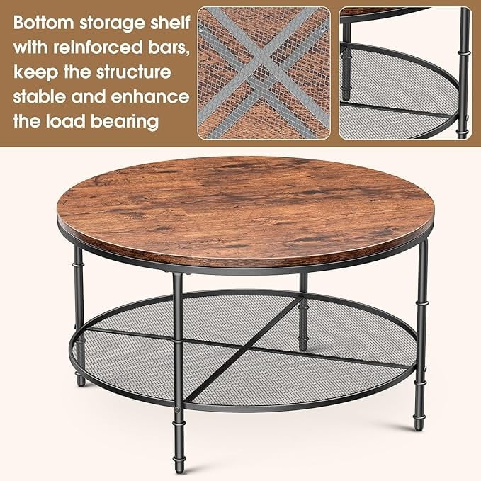 Furnibear Round Coffee Table with Metal Frame, Rustic Wood Finish Accent Table with Wooden Tabletop and Padded Feet for Living Room