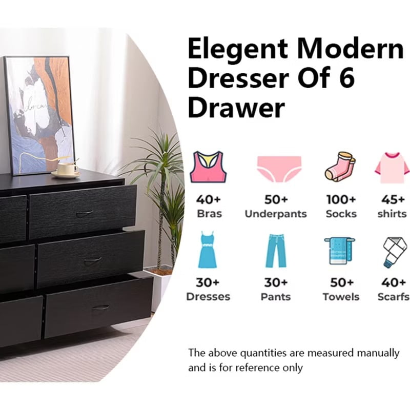 Furnibear 6 Drawer Dresser, Modern Wood Chest of Drawers Organizer Storage for Bedroom, Living Room, Porch, Black