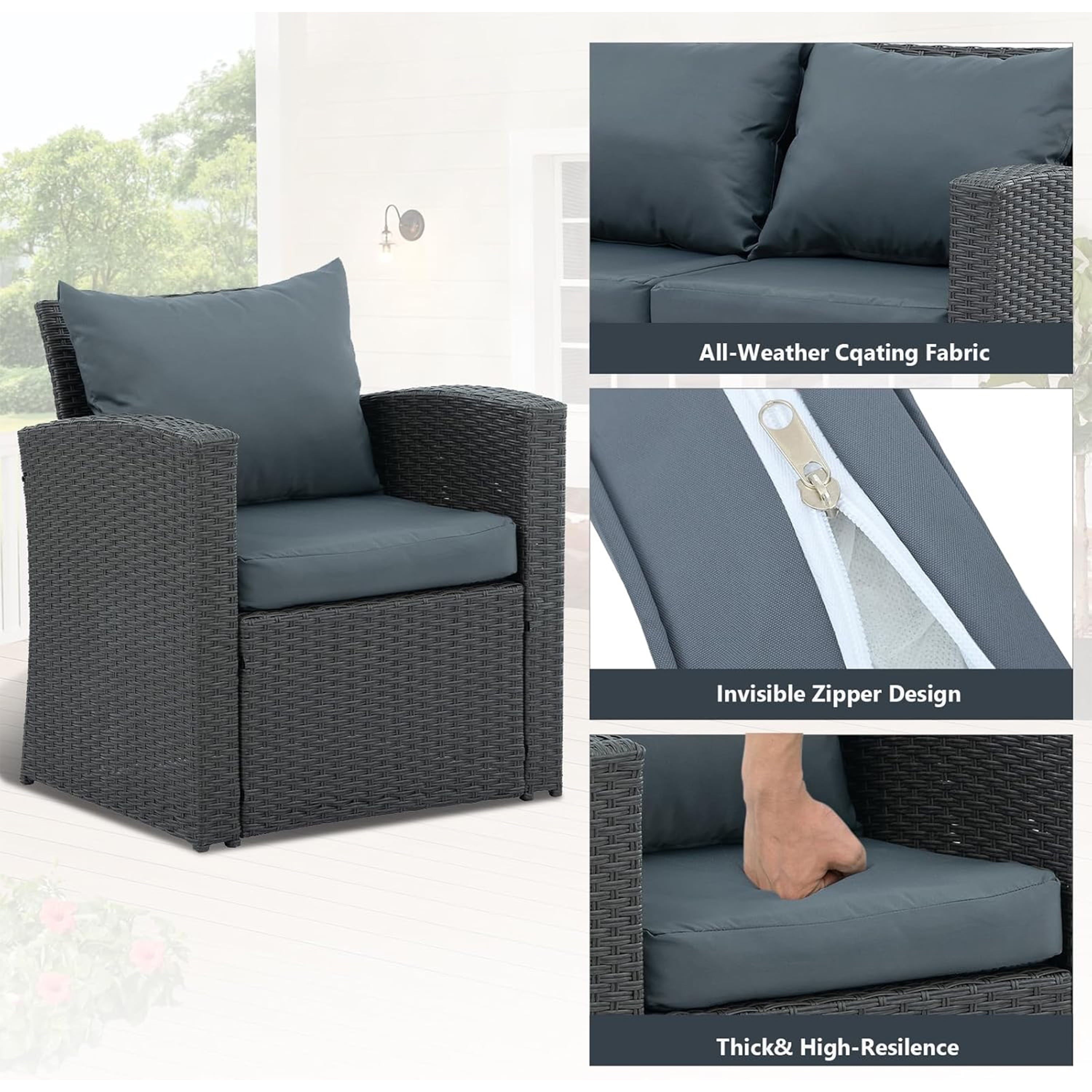 Furnibear 4 Pieces Patio Conversation Set, Outdoor Rattan Sectional Sofa, Cushioned Patio Furniture Set, Wicker Sofa Ideal for Garden, Porch, Backyard
