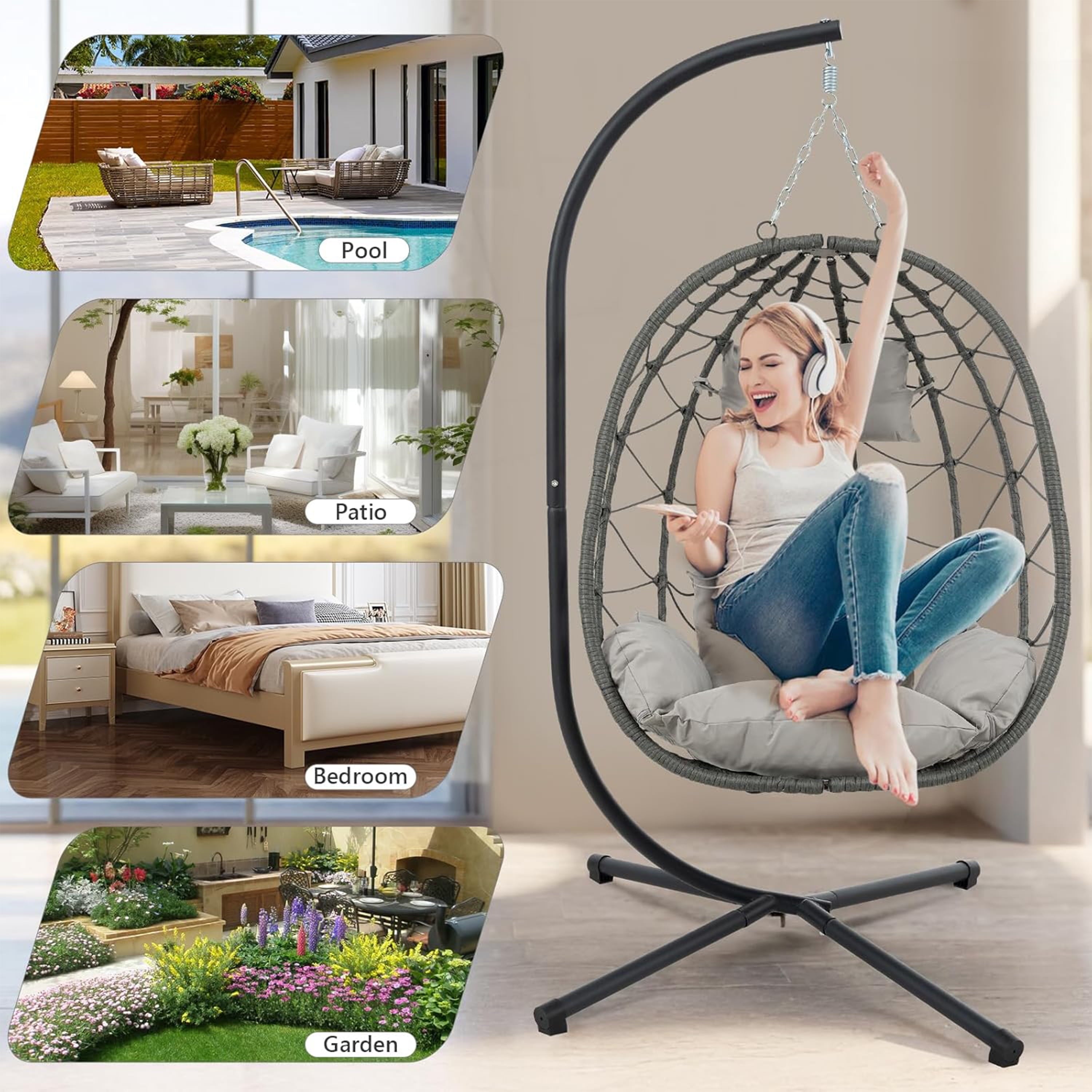 Furnibear Egg Chair with Stand,Patio Rattan Wicker Hanging Swing Egg Chair Hammock Chair for Bedroom Porch Garden,Thickened Aluminum Alloy Steel Frame