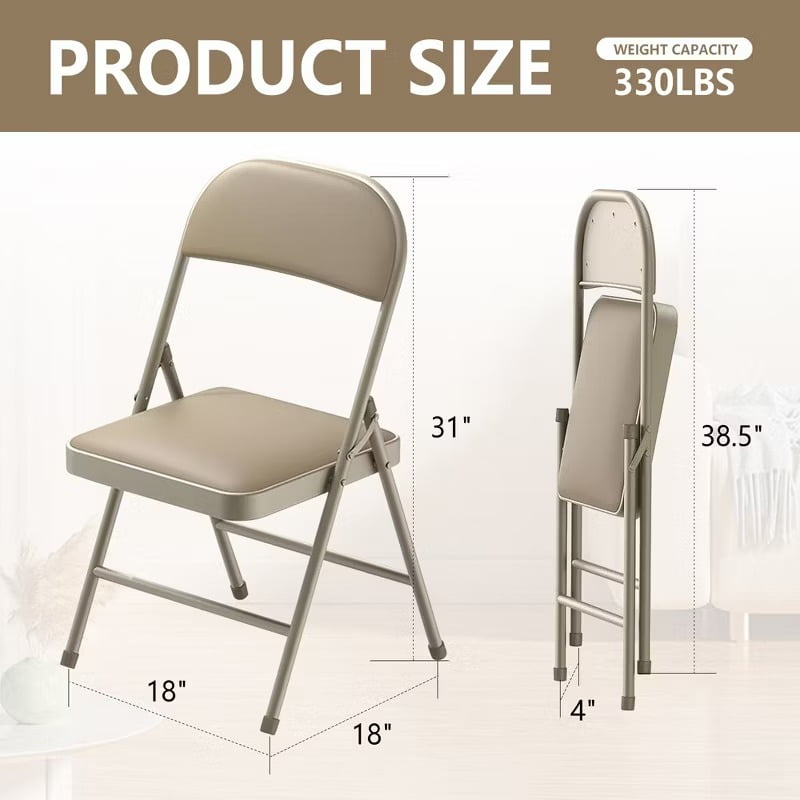 Furnibear 6 Pack Folding Chairs with Padded Vinyl Seat, Heavy-Duty Metal Frame, Supports 330 lbs, Portable Lightweight,Brown