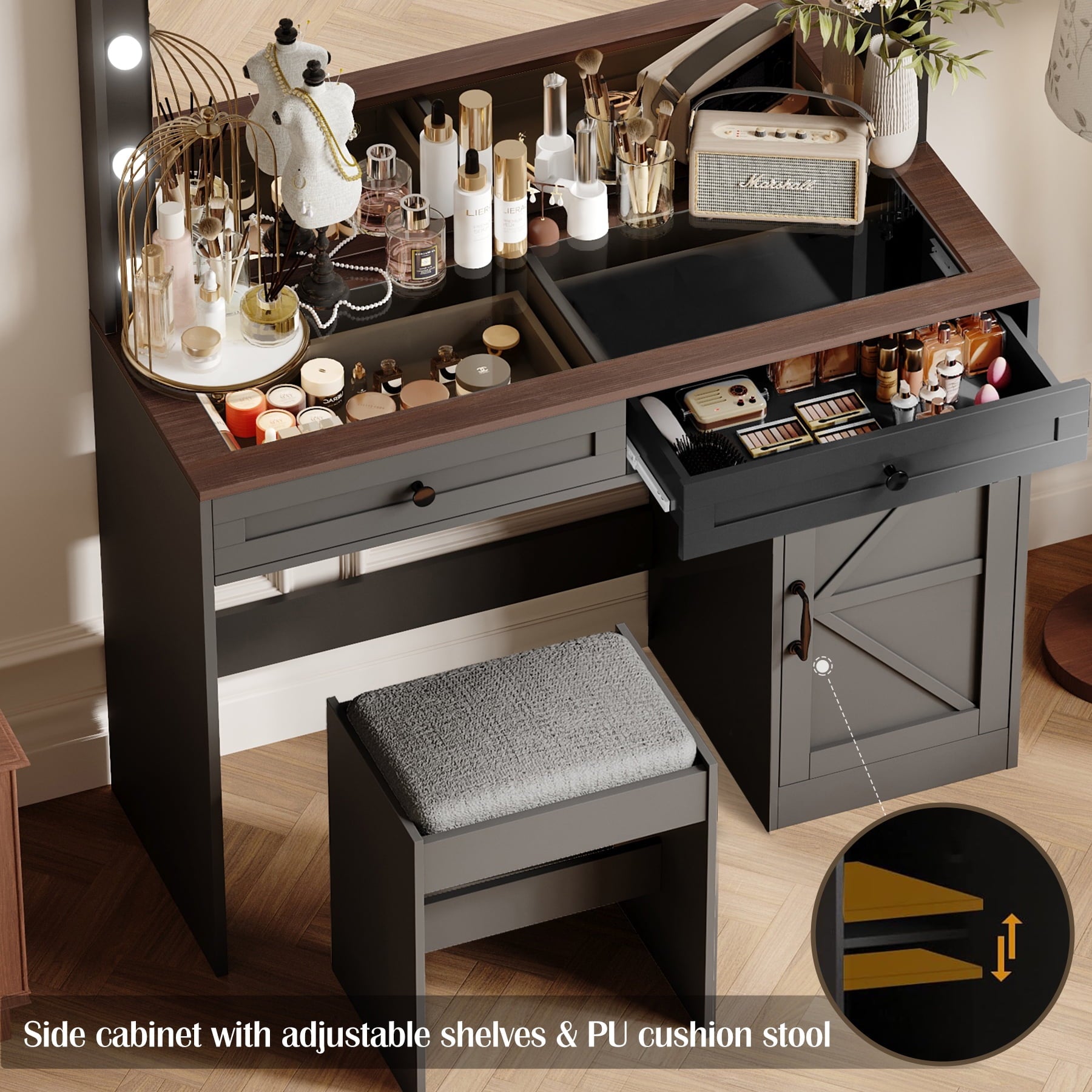 Furnibear Vanity Desk Set with Mirror and Light, Makeup Table with 2 Drawers and Cabinet, 3 Color Modes Brightness Adjustable