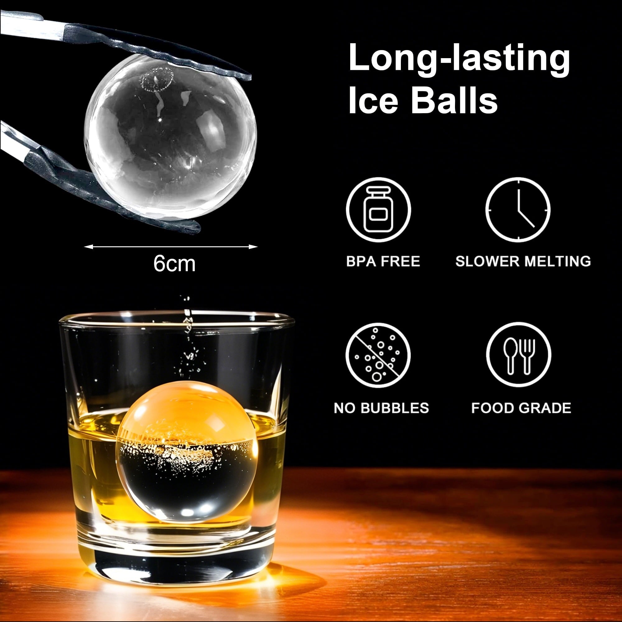 Furnibear 2.4 Inch Large Ice Ball Maker Mold for Whiskey - Crystal Clear Silicone, Easy Release, Odor-Proof,Black