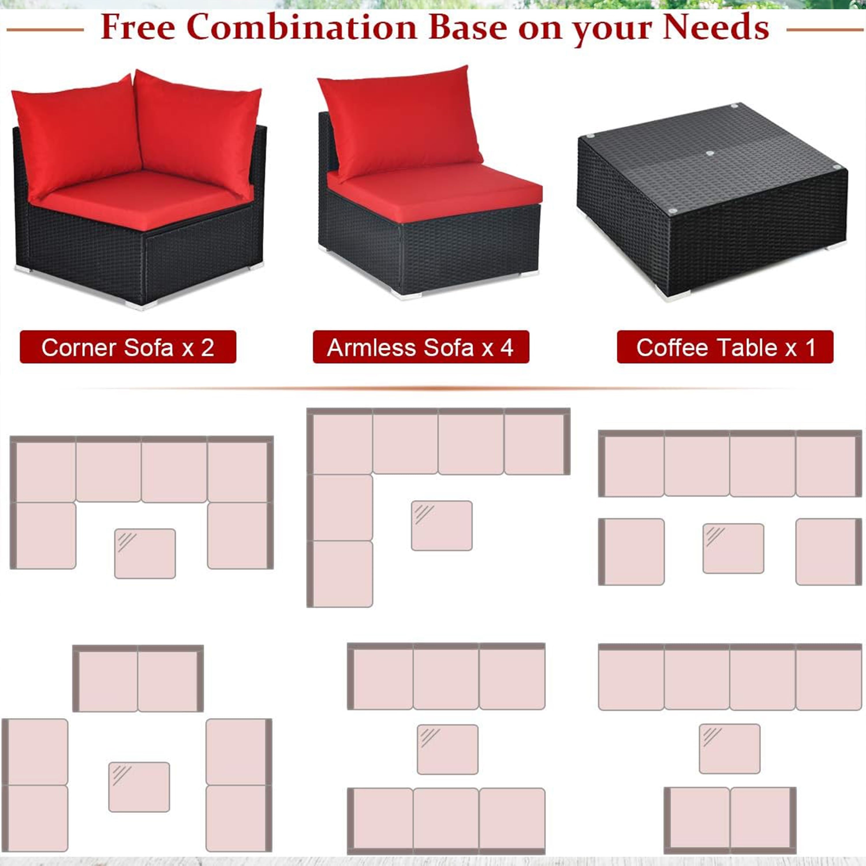 Furnibear 7 Pieces Outdoor Patio Sectional Sofa Couch, Black Wicker Patio Furniture Conversation Sets with Washable Cushions and Glass Coffee Table for Garden, Poolside, Backyard