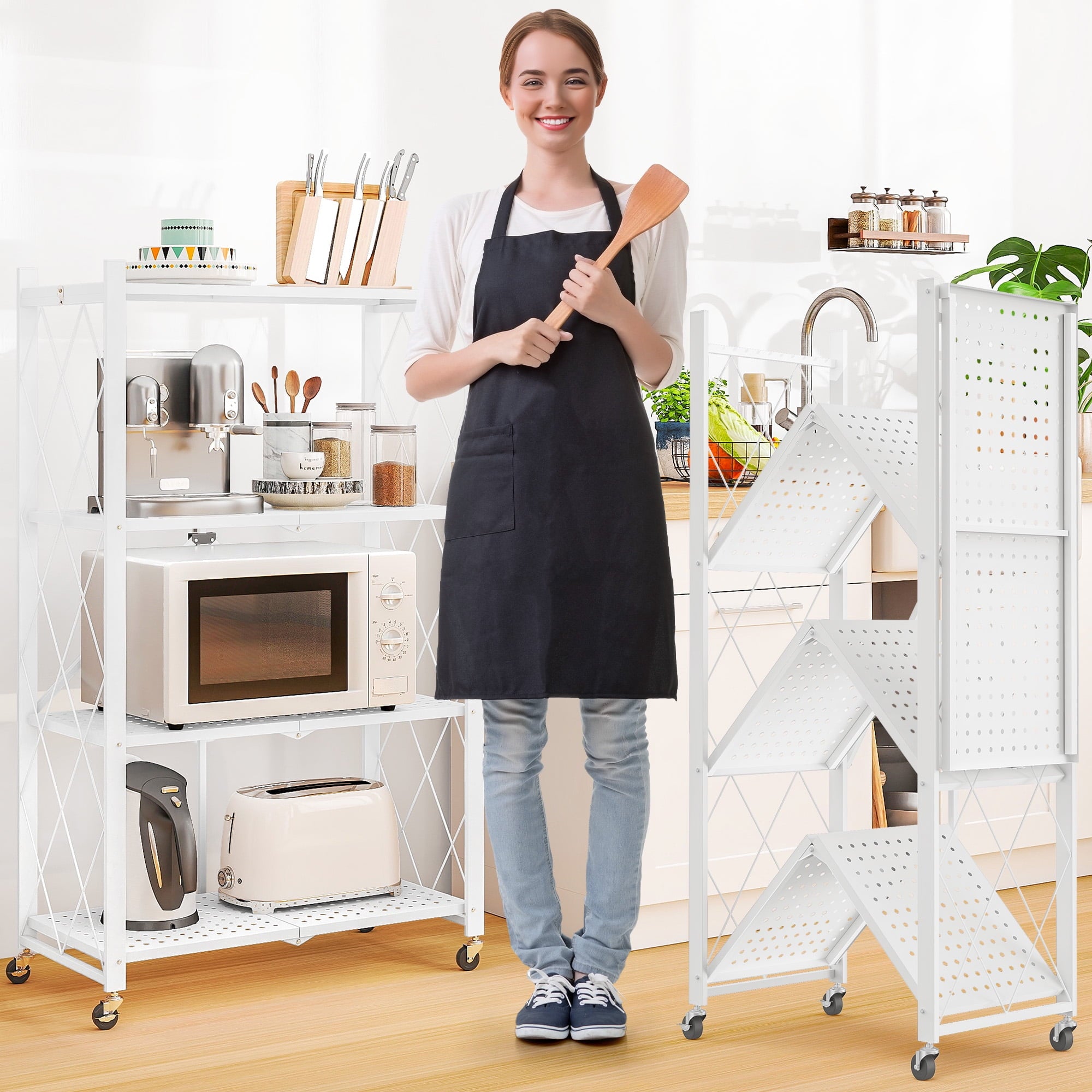 Furnibear 4-Tier Folding Storage Shelves with Wheels, Foldable Metal Rack, Collapsible Shelves for Garage, Kitchen, Basement, White