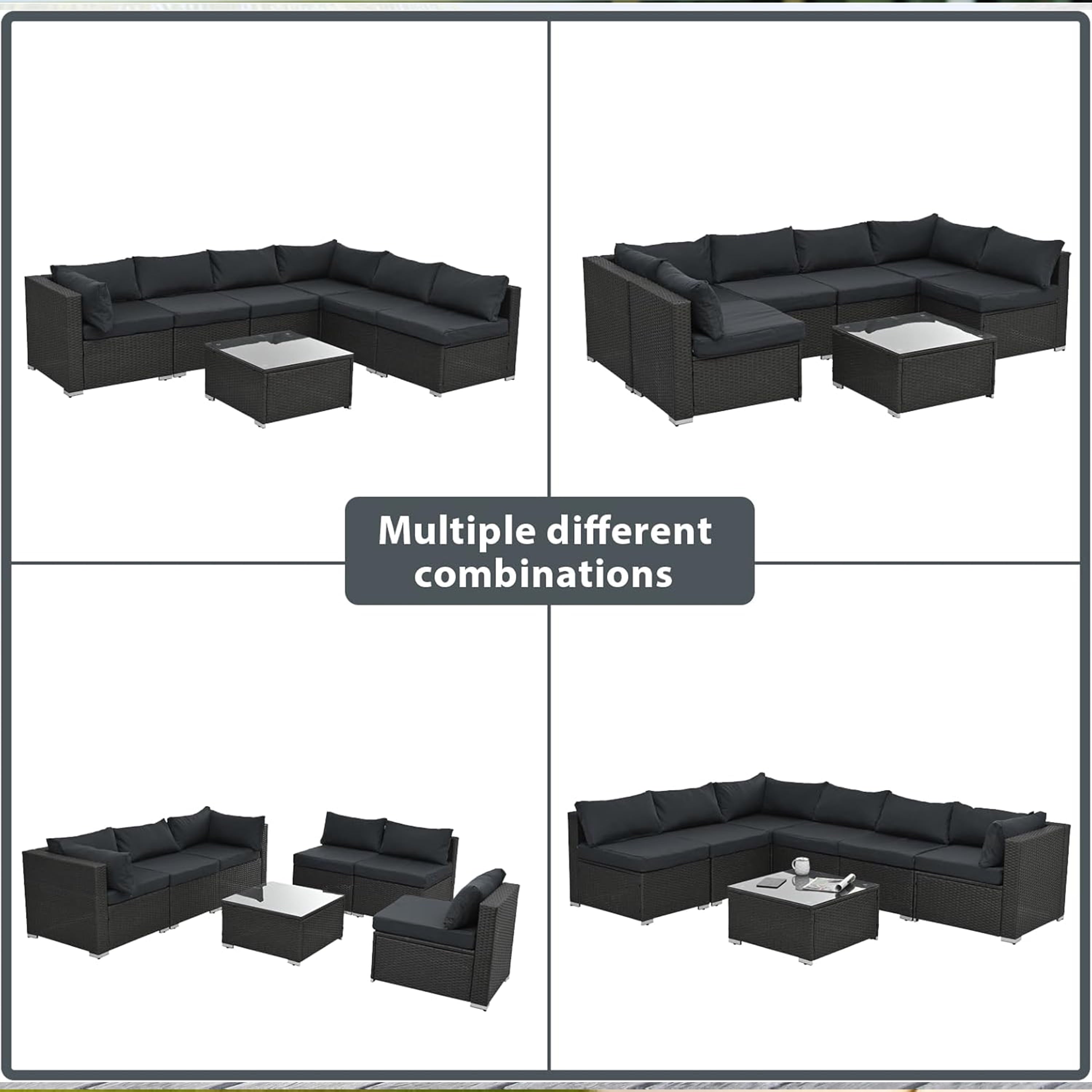 Furnibear 7 Pieces Outdoor Patio Sectional Sofa Couch, Black Wicker Patio Furniture Conversation Sets with Washable Cushions and Glass Coffee Table for Garden, Poolside, Backyard