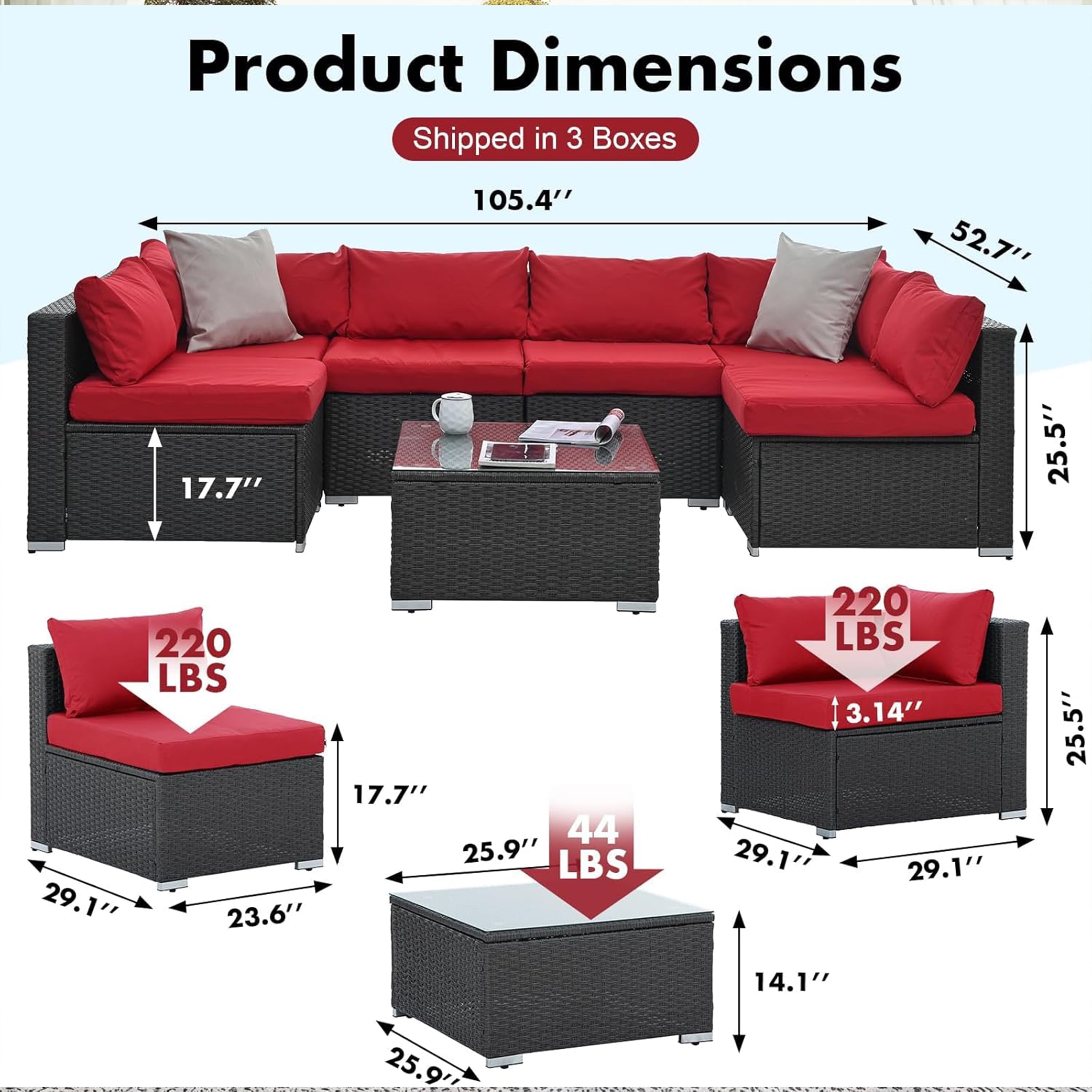 Furnibear 7 Pieces Outdoor Patio Sectional Sofa Couch, Black Wicker Patio Furniture Conversation Sets with Washable Cushions and Glass Coffee Table for Garden, Poolside, Backyard