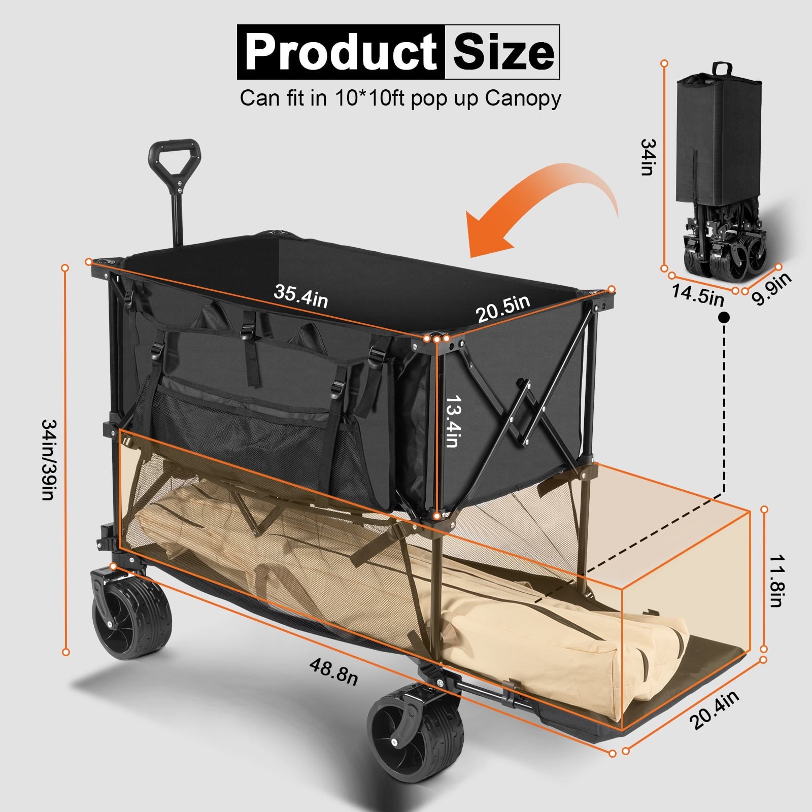 Furnibear Double Decker Folding Wagon, 450 lb Heavy Duty, 54" Extendable All-Terrain Wheels, 3-Second Collapsible Utility Cart for Camping,Beach,Shopping