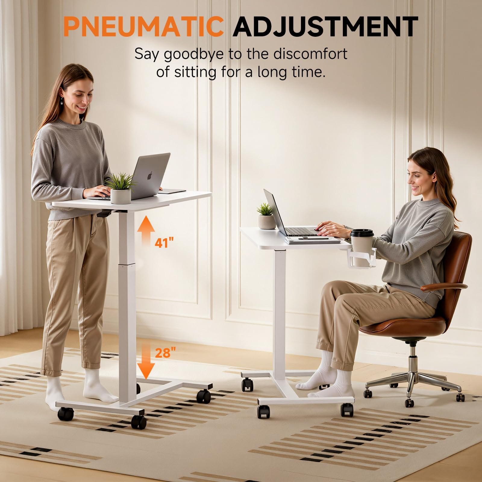 Furnibear Adjustable Rolling Desk with Lockable Wheels Portable Bed Side Table Standing Laptop Desk White