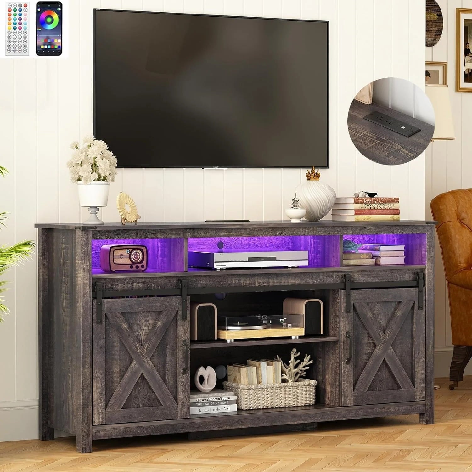 Furnibear 62 inch Wood TV Stand with Drawers, Entertainment Center for Living Room Bedroom,Gray