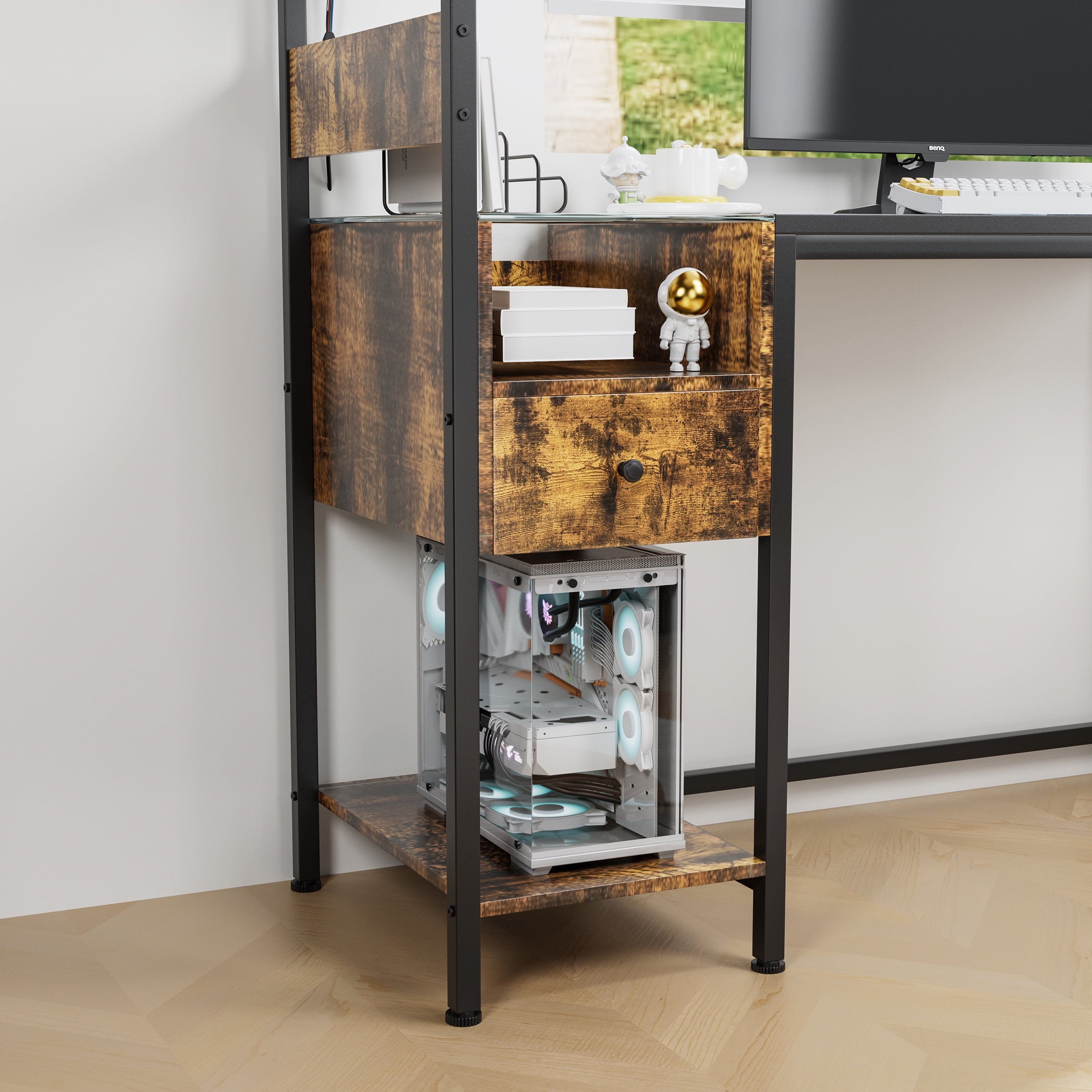 Furnibear Computer Desk with Power Outlet and Storage Shelves,Brown