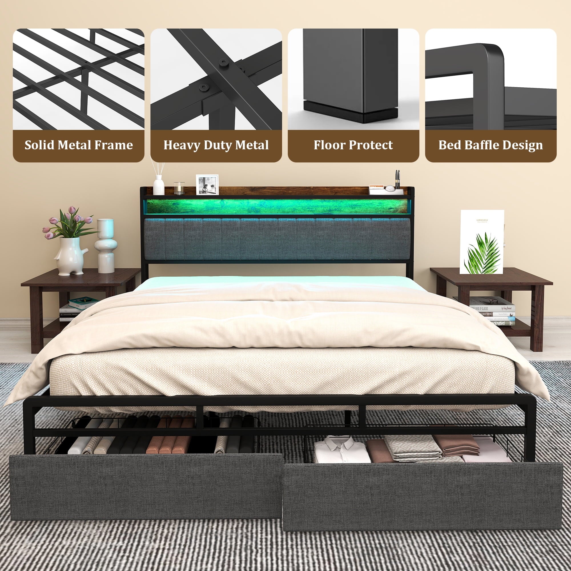 Furnibear LED Full Bed Frame with Upholstered Storage Headboard and Dr