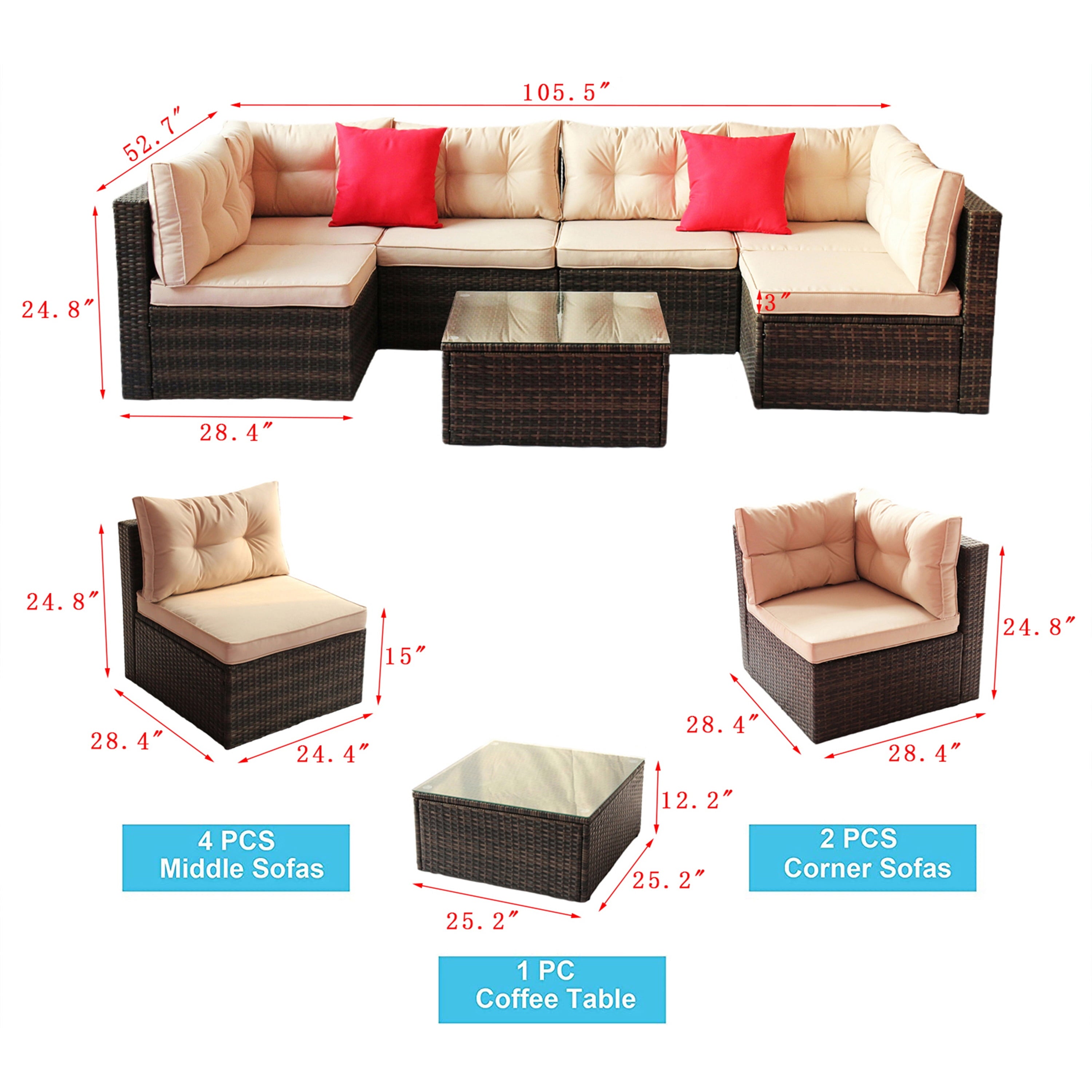 Furnibear 7 Pieces Outdoor Patio Sectional Sofa Couch, Brown Wicker Patio Furniture Conversation Sets with Washable Cushions and Glass Coffee Table for Garden, Poolside, Backyard