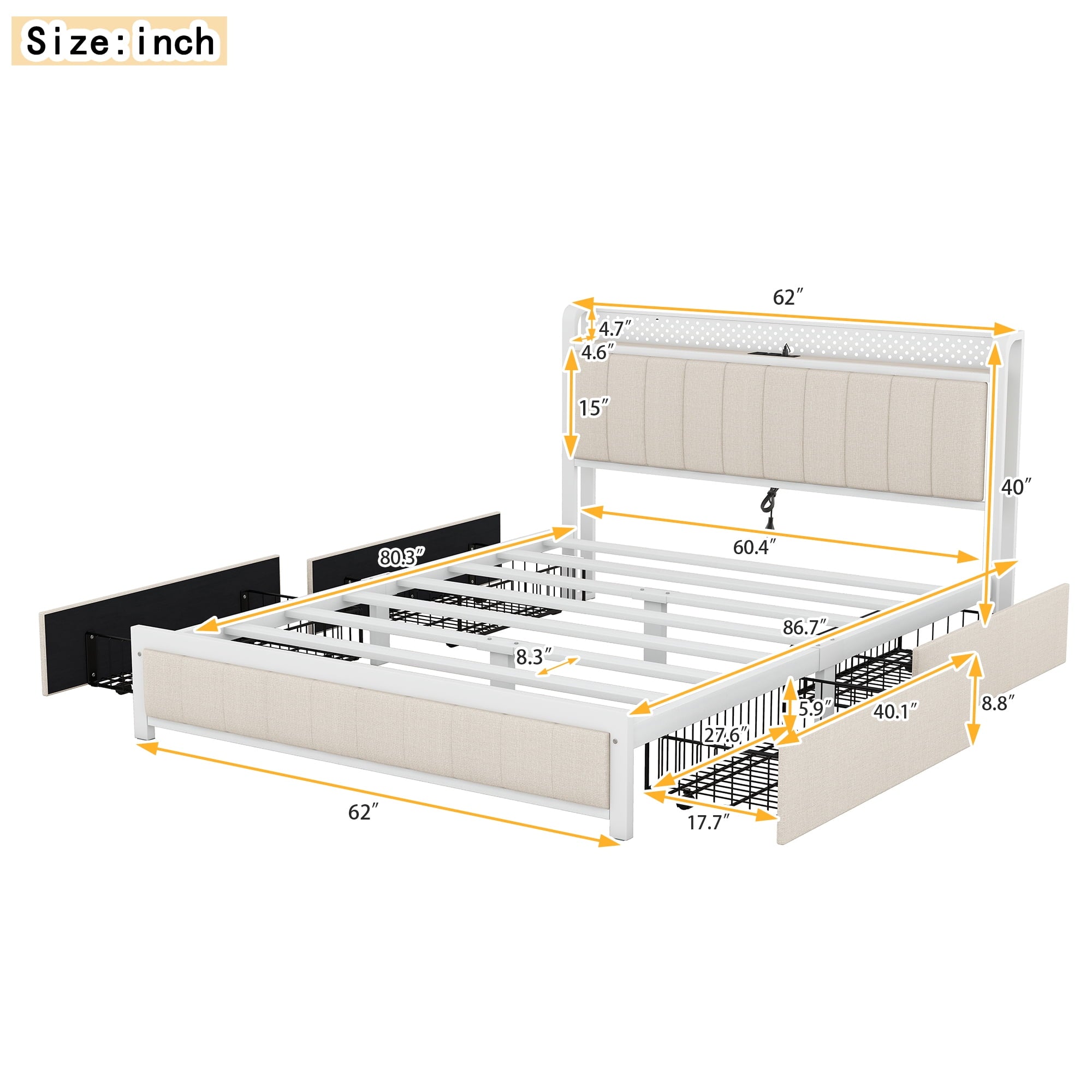 Furnibear Queen Bed Frame with LED Headboard, Upholstered Bed with 4 Storage Drawers and USB Ports, Beige