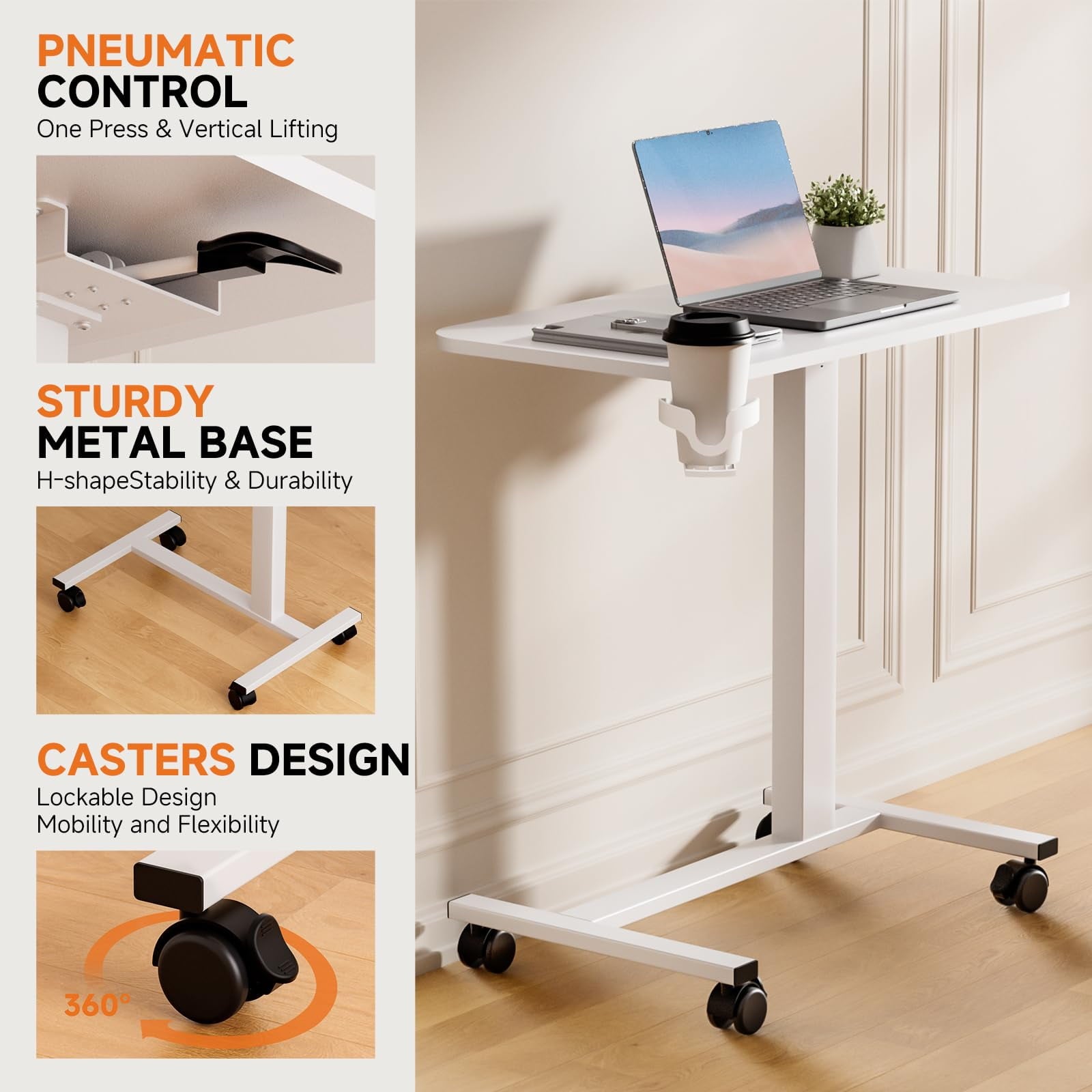 Furnibear Adjustable Rolling Desk with Lockable Wheels Portable Bed Side Table Standing Laptop Desk White