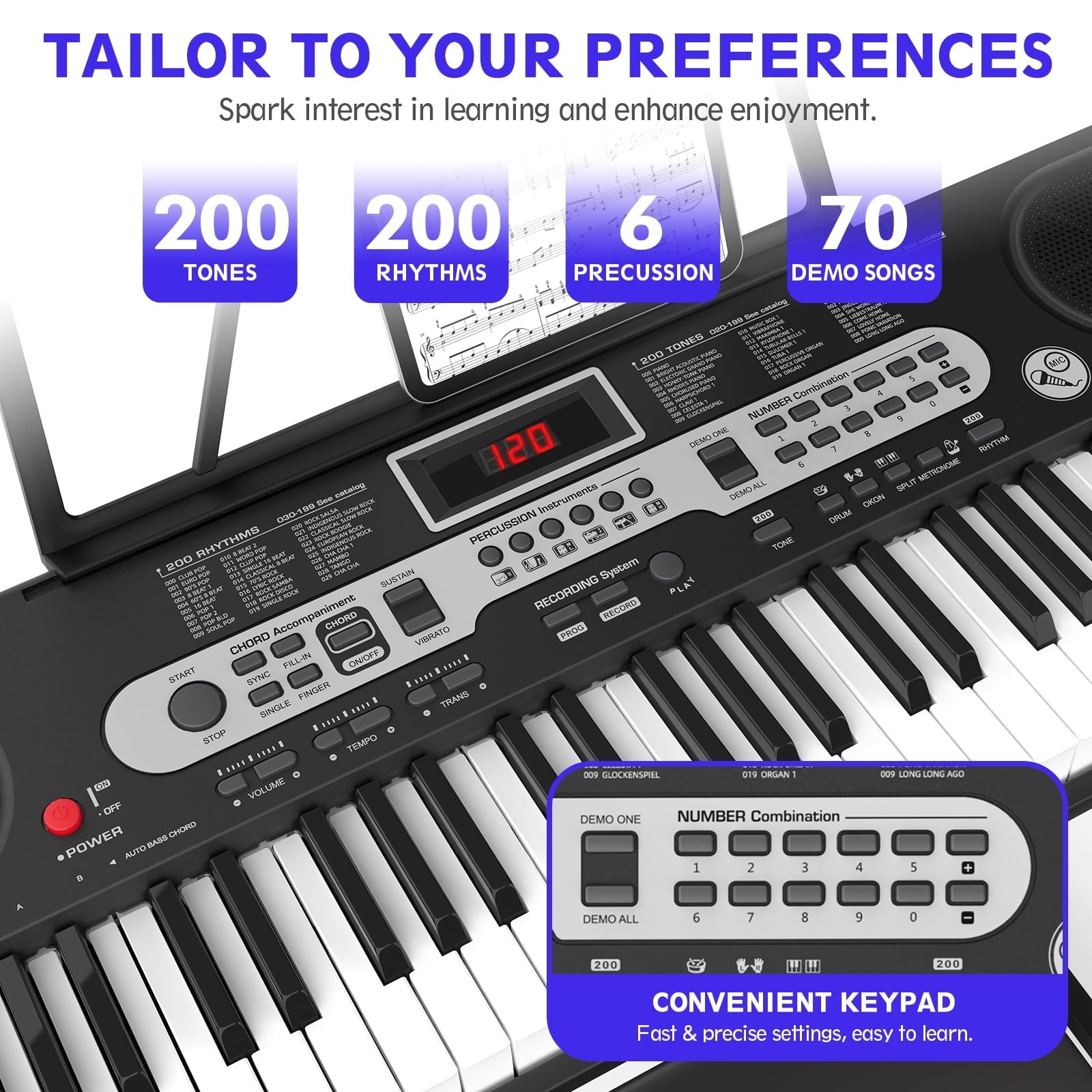 Furnibear 61 Key Piano Keyboard with Lighted Keys Stand Bench Microphone Headphone and Built-in Speakers for Beginners, Black