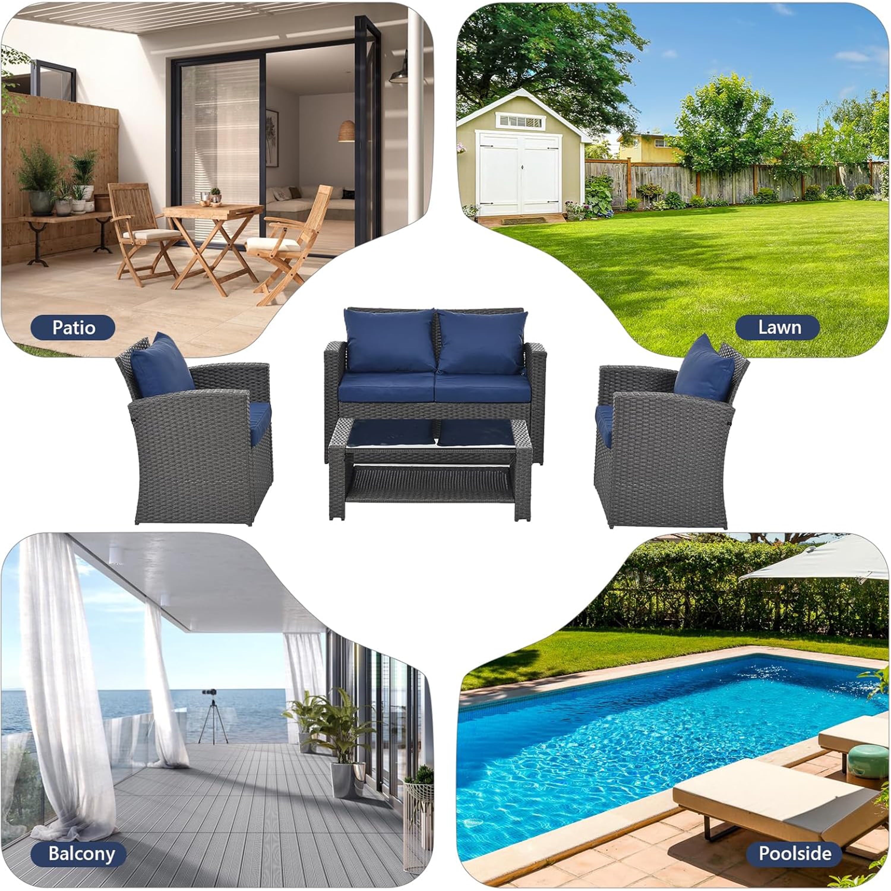 Furnibear 4 Pieces Patio Conversation Set, Outdoor Rattan Sectional Sofa, Cushioned Patio Furniture Set, Wicker Sofa Ideal for Garden, Porch, Backyard
