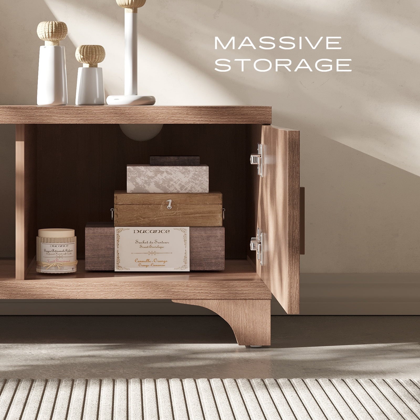 Furnibear Wood TV Stand Up to 75 Inch for Living Room, Mid Century Modern Entertainment Center, TV Console with Fluted Door Cabinets and Open Shelves, for Bedroom,Dark Brown