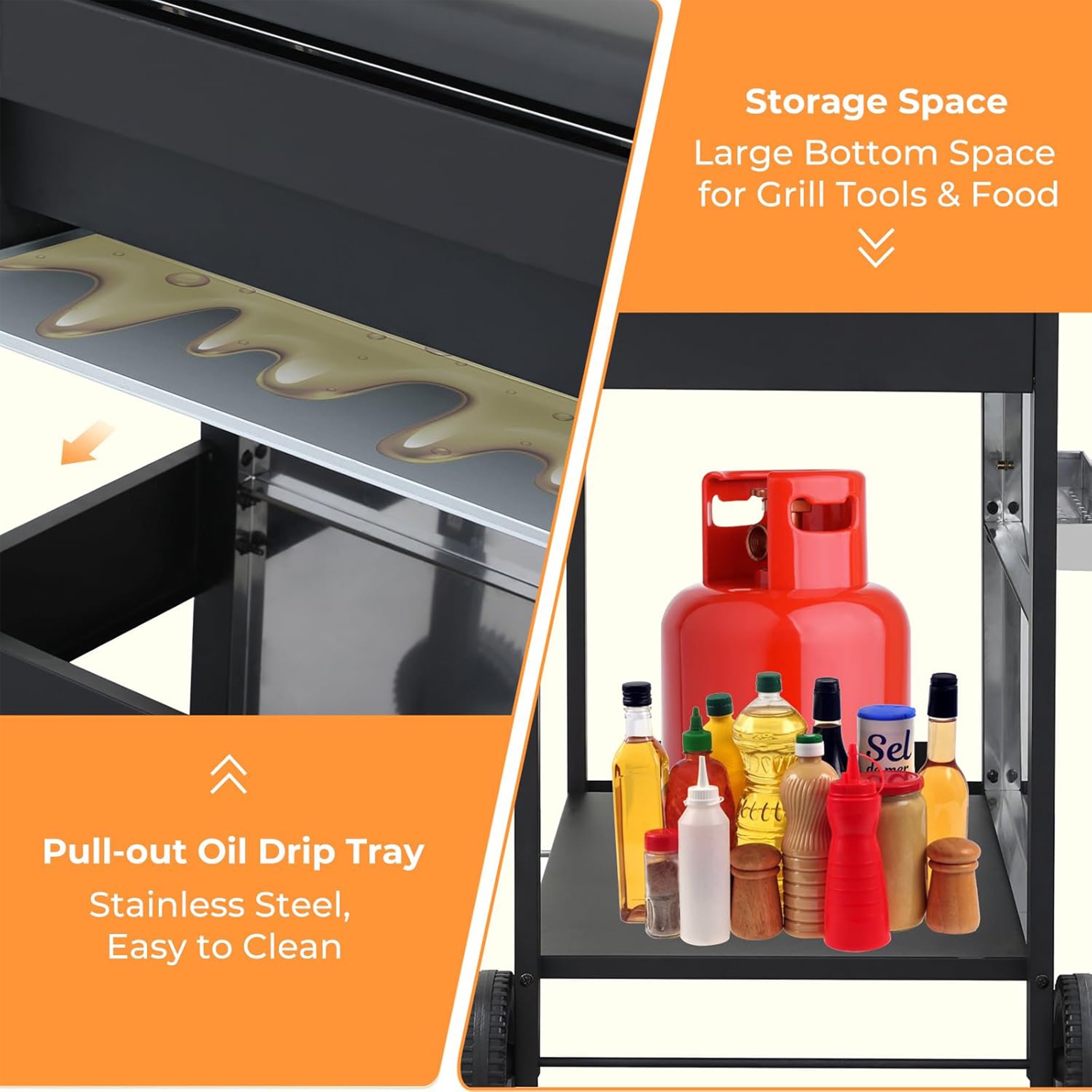 Furnibear 4 Burner BBQ Propane Gas Grill, Stainless Steel 34,200 BTU Patio Garden Barbecue Grill with 2 Foldable Shelves, Spice Rack