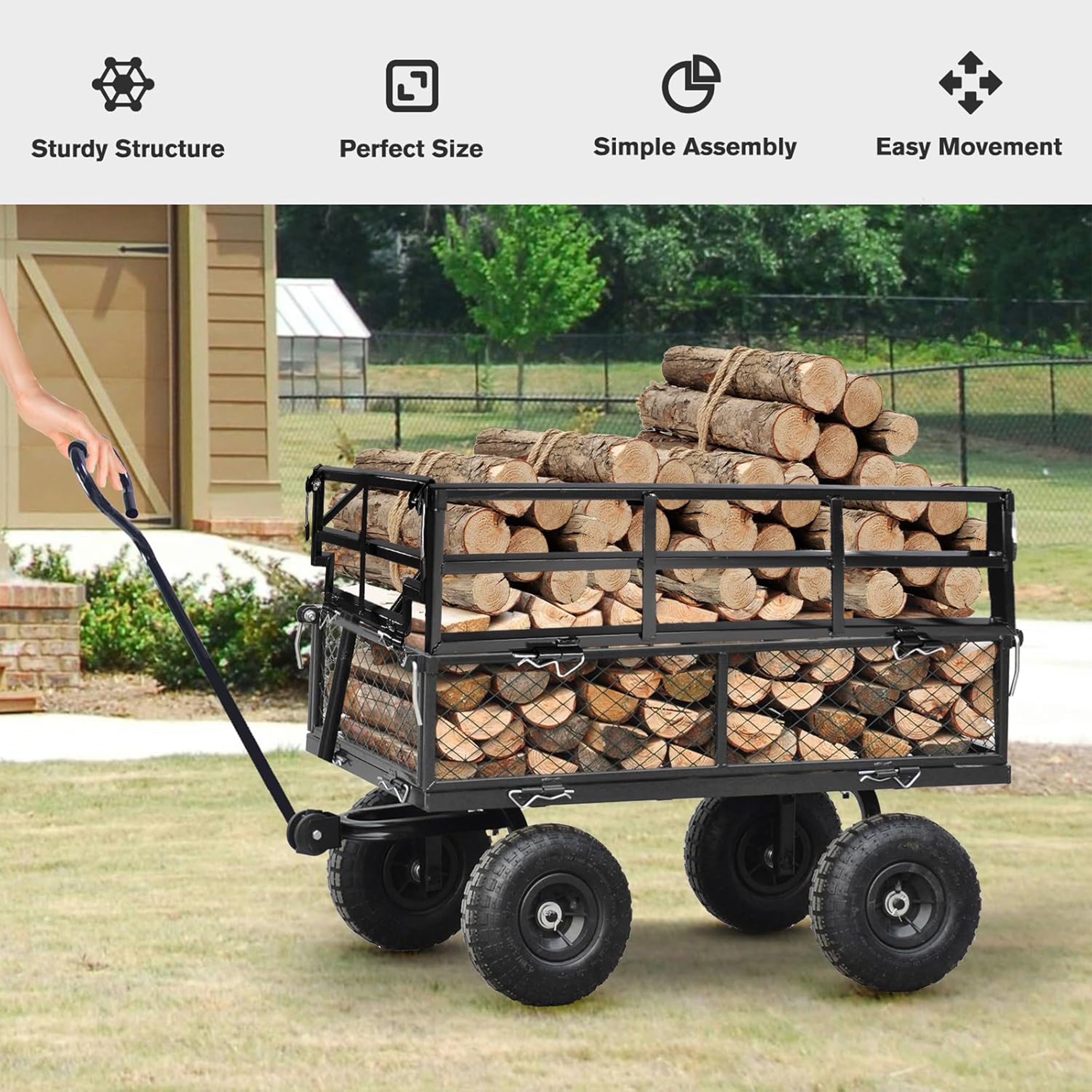 Furnibear Heavy Duty Steel Garden Cart 1500lbs Capacity, 6.35 cu ft, 40.55in x 27.56in Folding Utility Wagon with Double-Layer Removable Side, Black