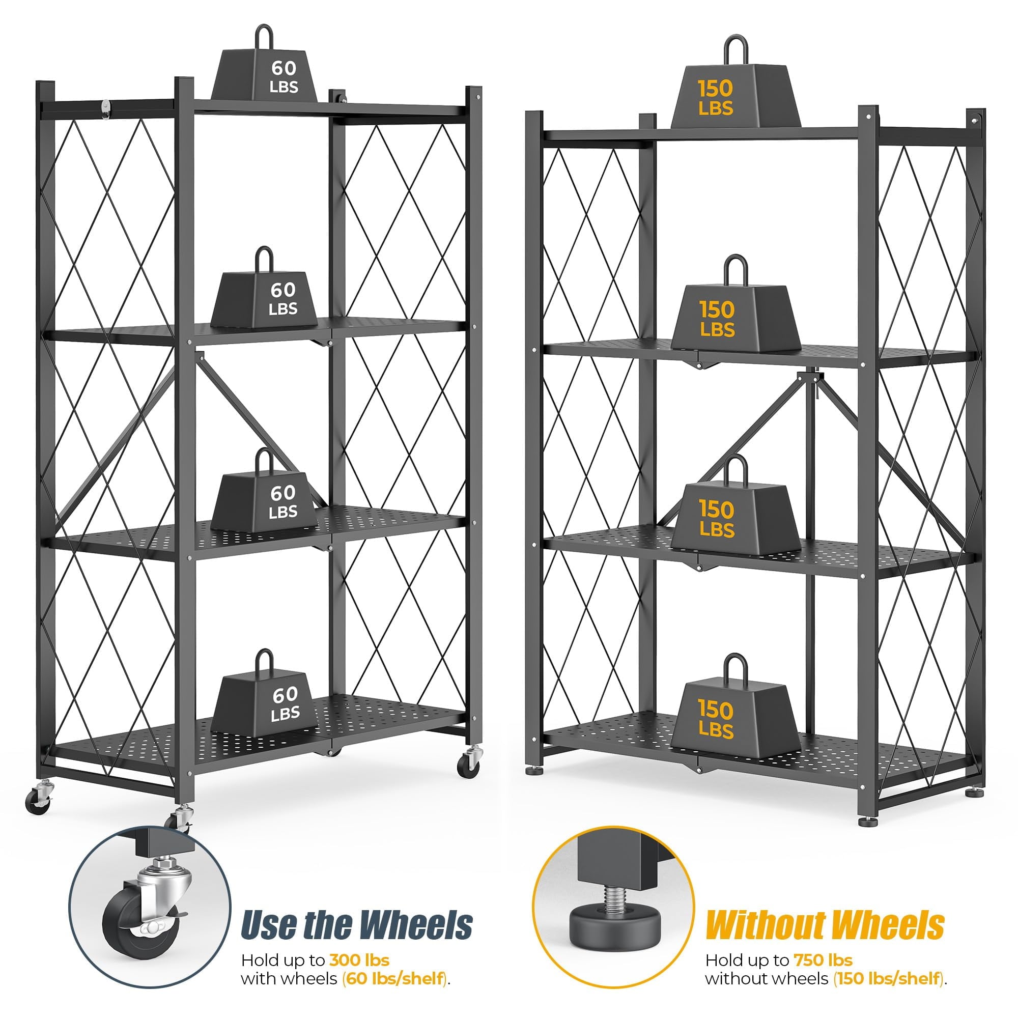 Furnibear 4-Tier Folding Storage Shelves with Wheels, Foldable Metal Rack, Collapsible Shelves for Garage, Kitchen, Basement, Black