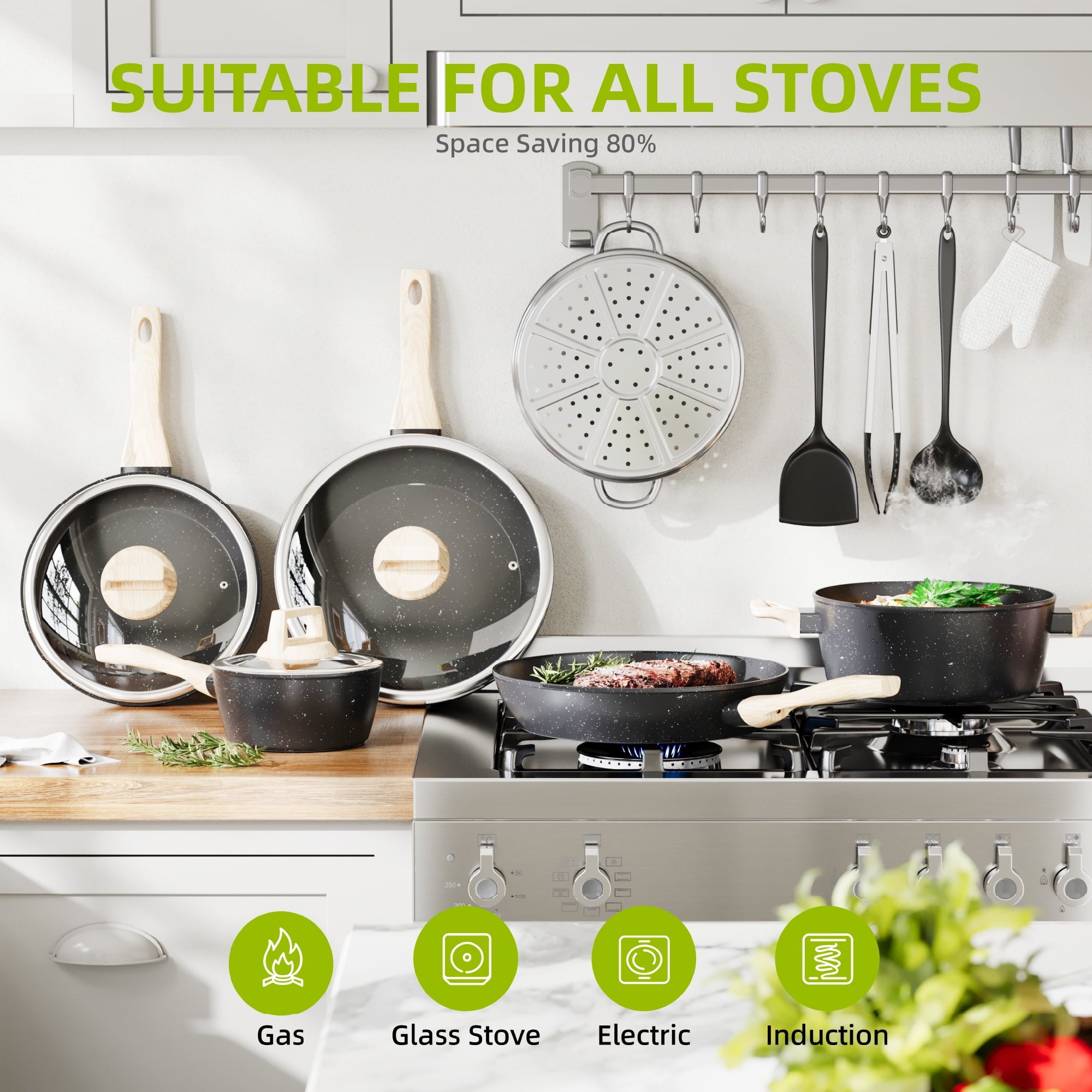 Furnibear 16pcs Nonstick Pots and Pans Set, Ceramic Cookware Set with Pots Protectors and Cooking Utensils, for RV and Camping Balck