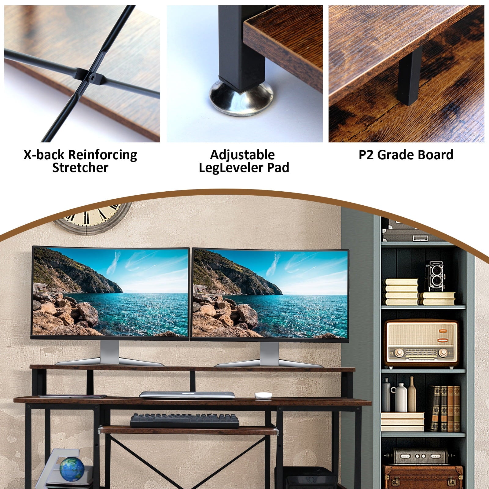 Furnibear Computer Desk 47 Home Office Desk Study Writing Table with Monitor Stand Storage Shelf, Brown