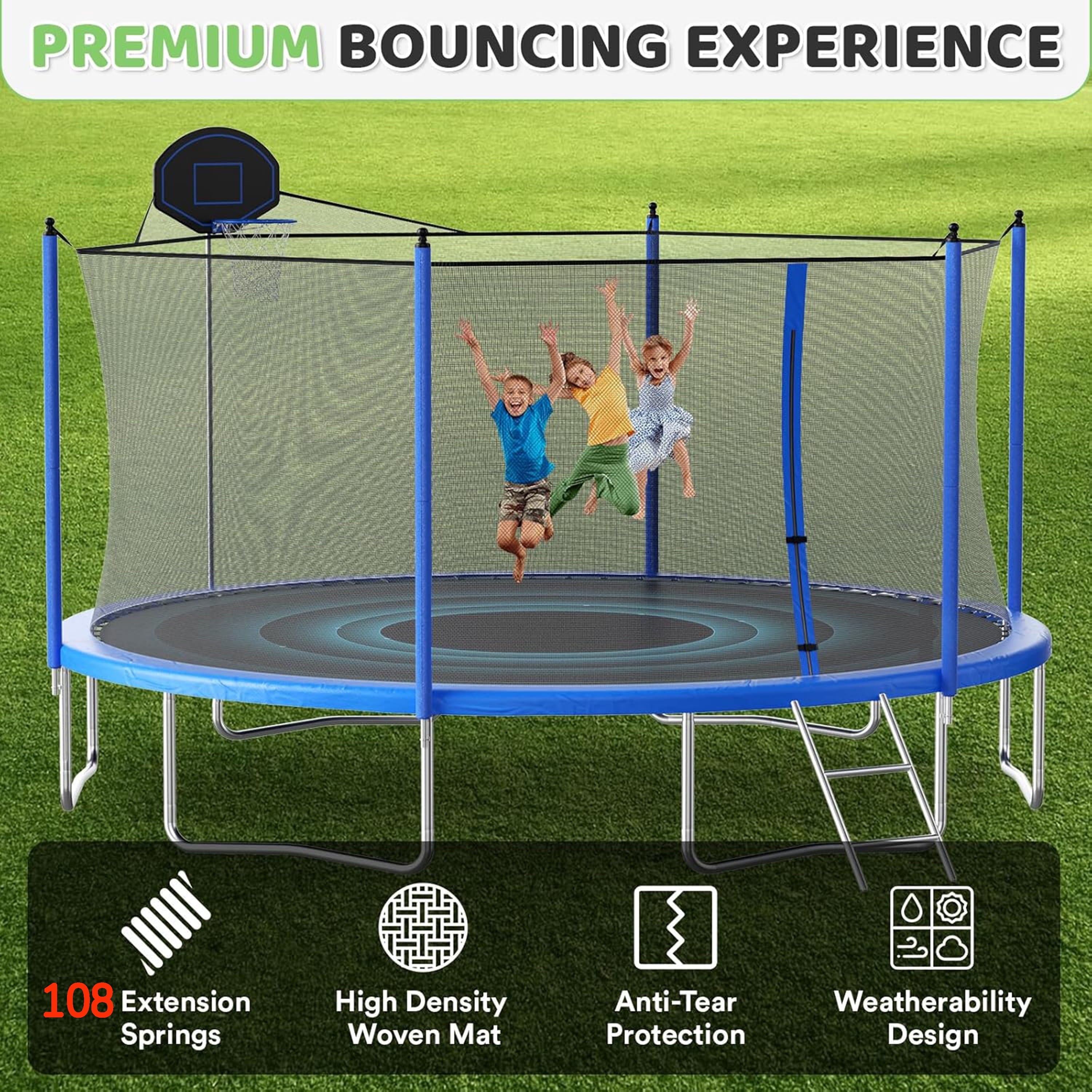 Furnibear 1500 LBS 16 FT Trampoline for Kids and Adults, Heavy-Duty Recreational Outdoor Trampoline with Basketball Hoop and Safety Enclosure Net