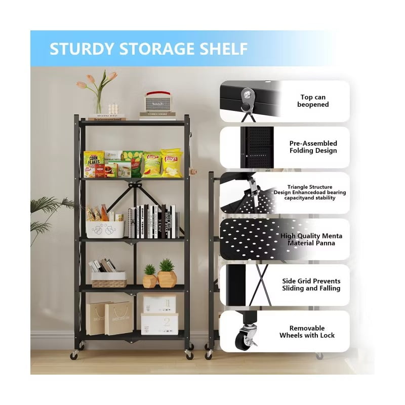 Furnibear 5-Tier Heavy-Duty Foldable Storage Shelf with Lockable Wheels (750 lbs Capacity) - No Assembly Metal Organizer Rack for Home/Garage/Office, Instant Setup Anti-Wobble, Black