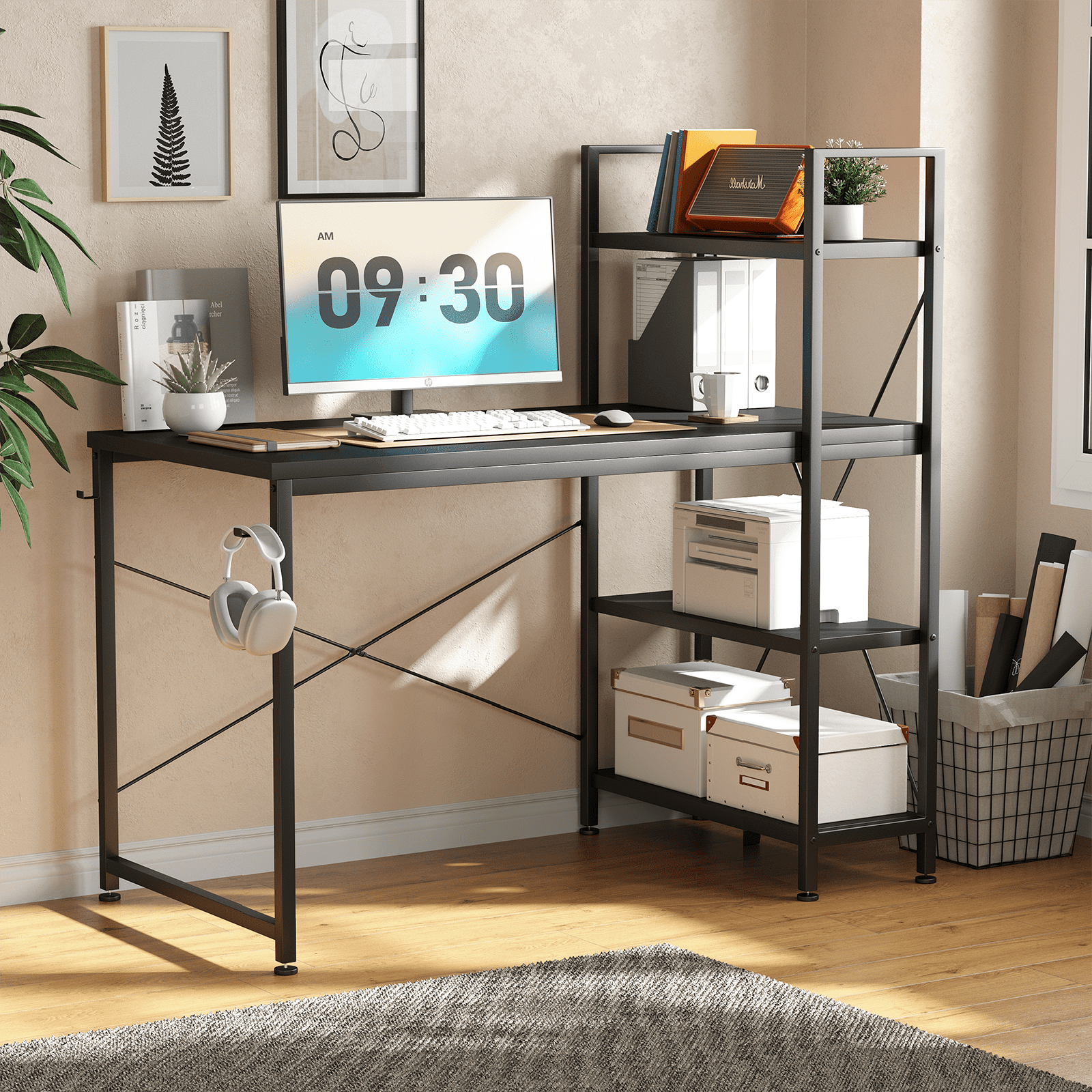 Furnibear 47 inch L-Shape Computer Desk, Wood Computer Desk with Reversible Shelves, Study Writing Table with Hooks, Office Desk Workstation for Home Office