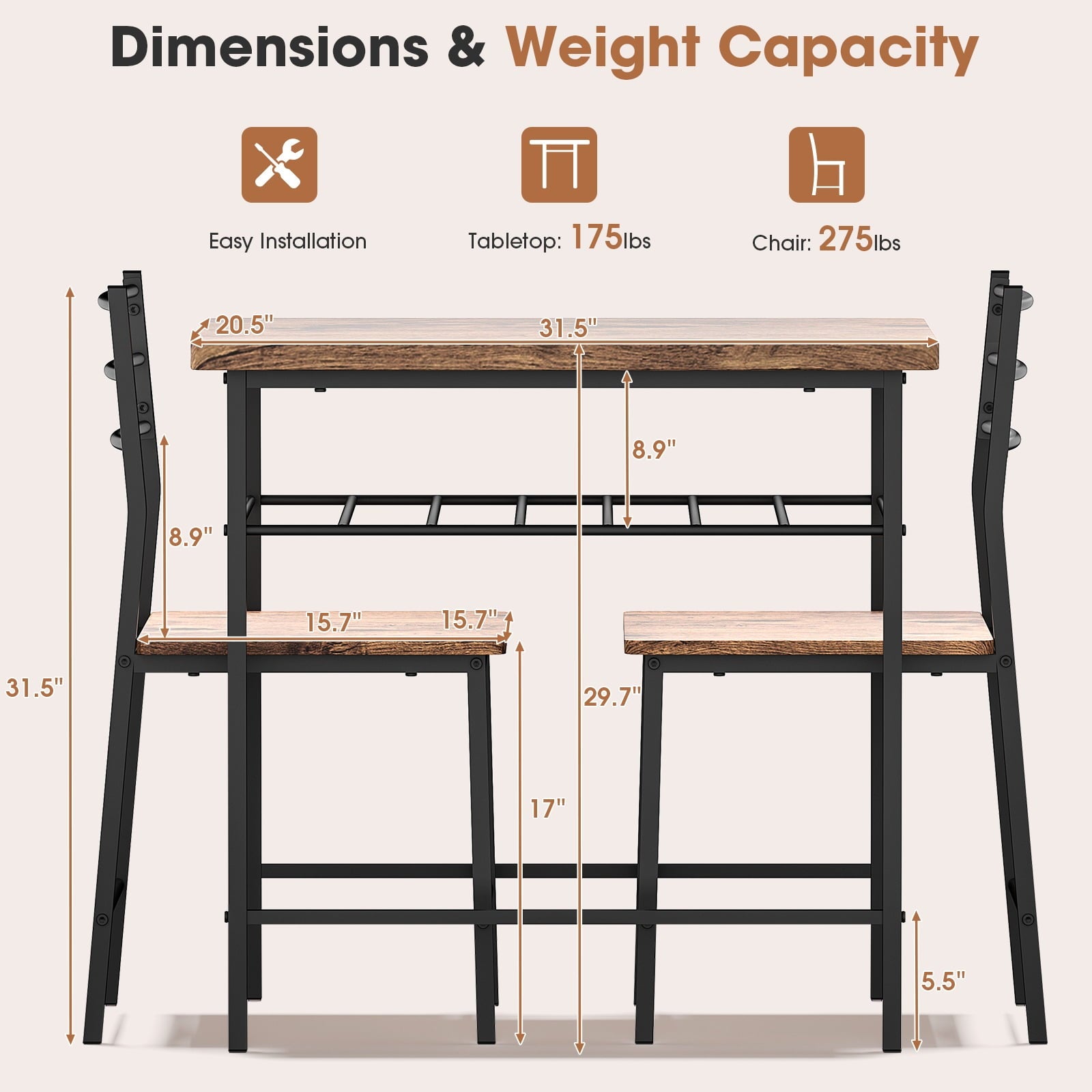 Furnibear 3-Piece Dining Table Set with 2 Chairs, Space Saving Kitchen Breakfast Nook Wood Grain Tabletop for Kitchen, Dining Room,Brown