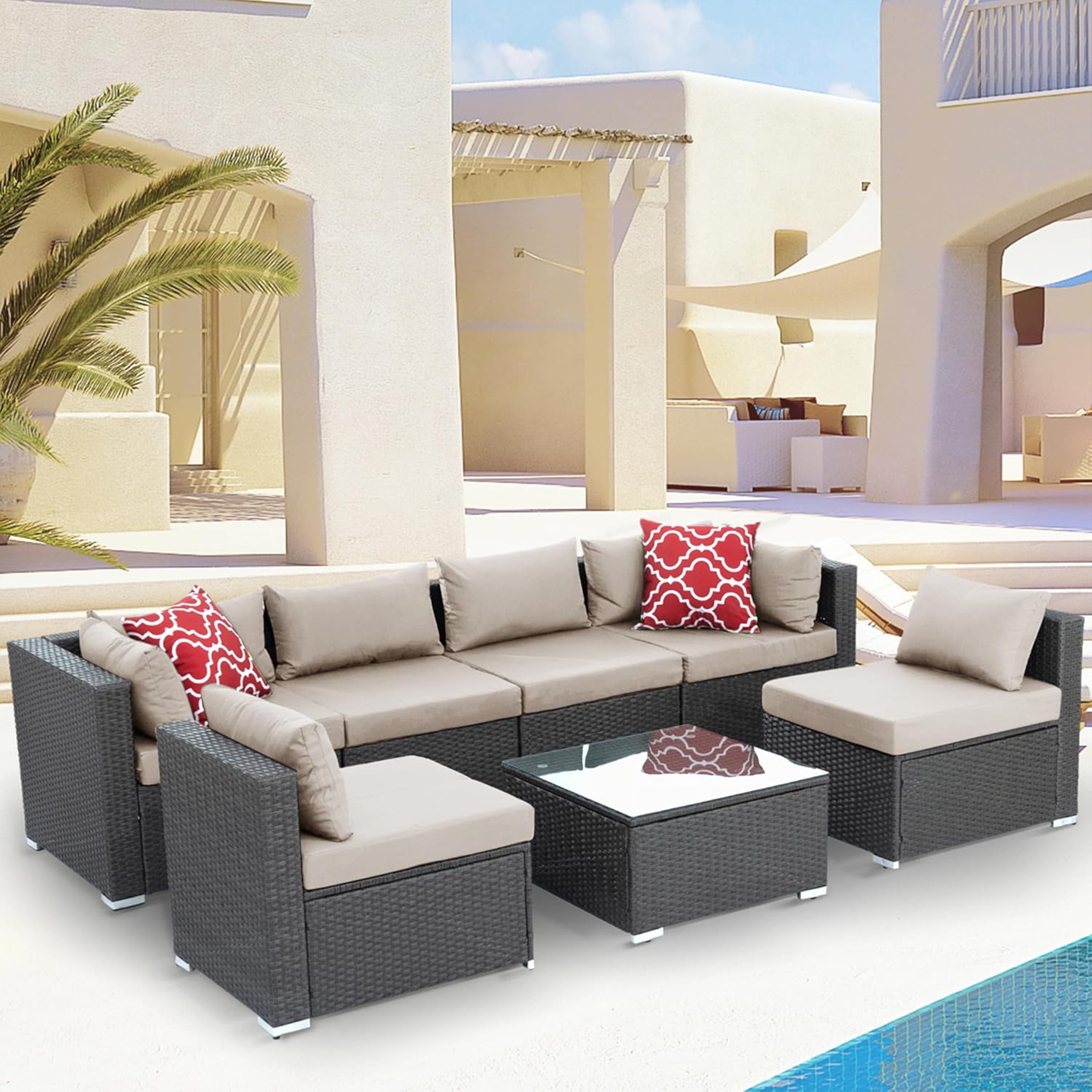 Furnibear 7 Pieces Outdoor Patio Sectional Sofa Couch, Black Wicker Patio Furniture Conversation Sets with Washable Cushions and Glass Coffee Table for Garden, Poolside, Backyard